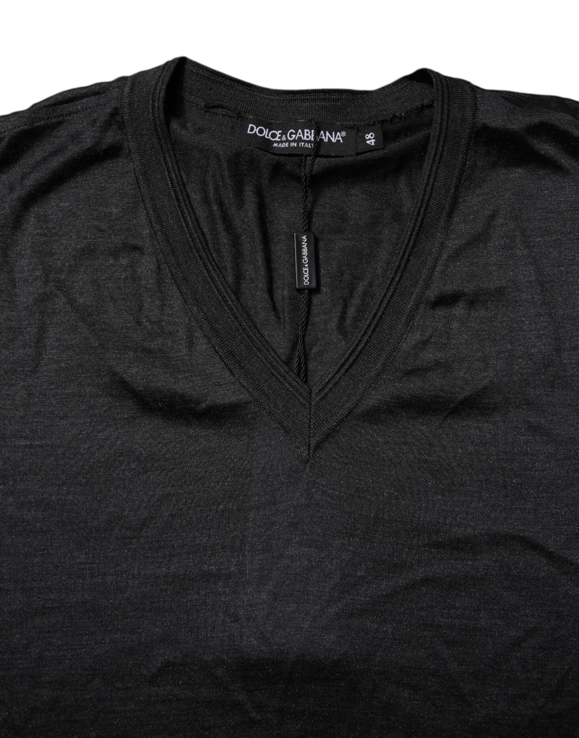Dolce & Gabbana Dark Gray Silk V-neck Short Sleeves Men's T-shirt (Pre-Owned)