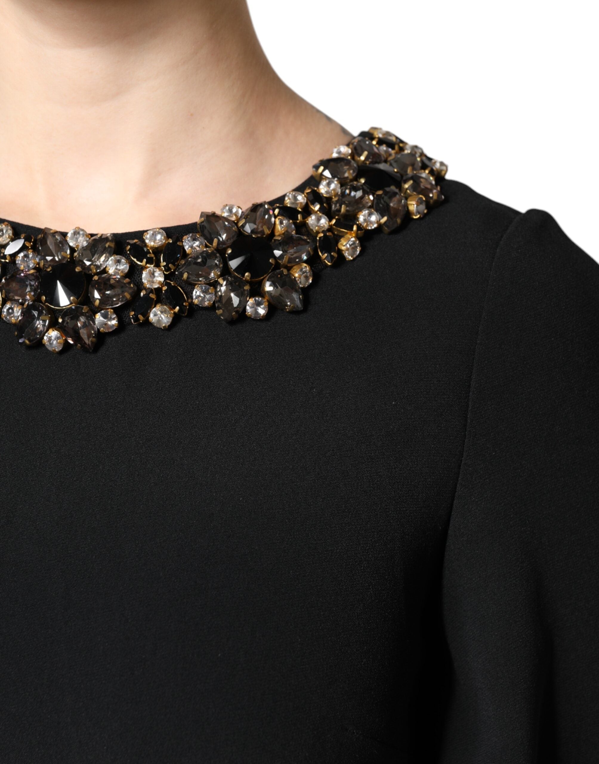Dolce & Gabbana Black Crystal Embellished Round Neck Mini Women's Dress