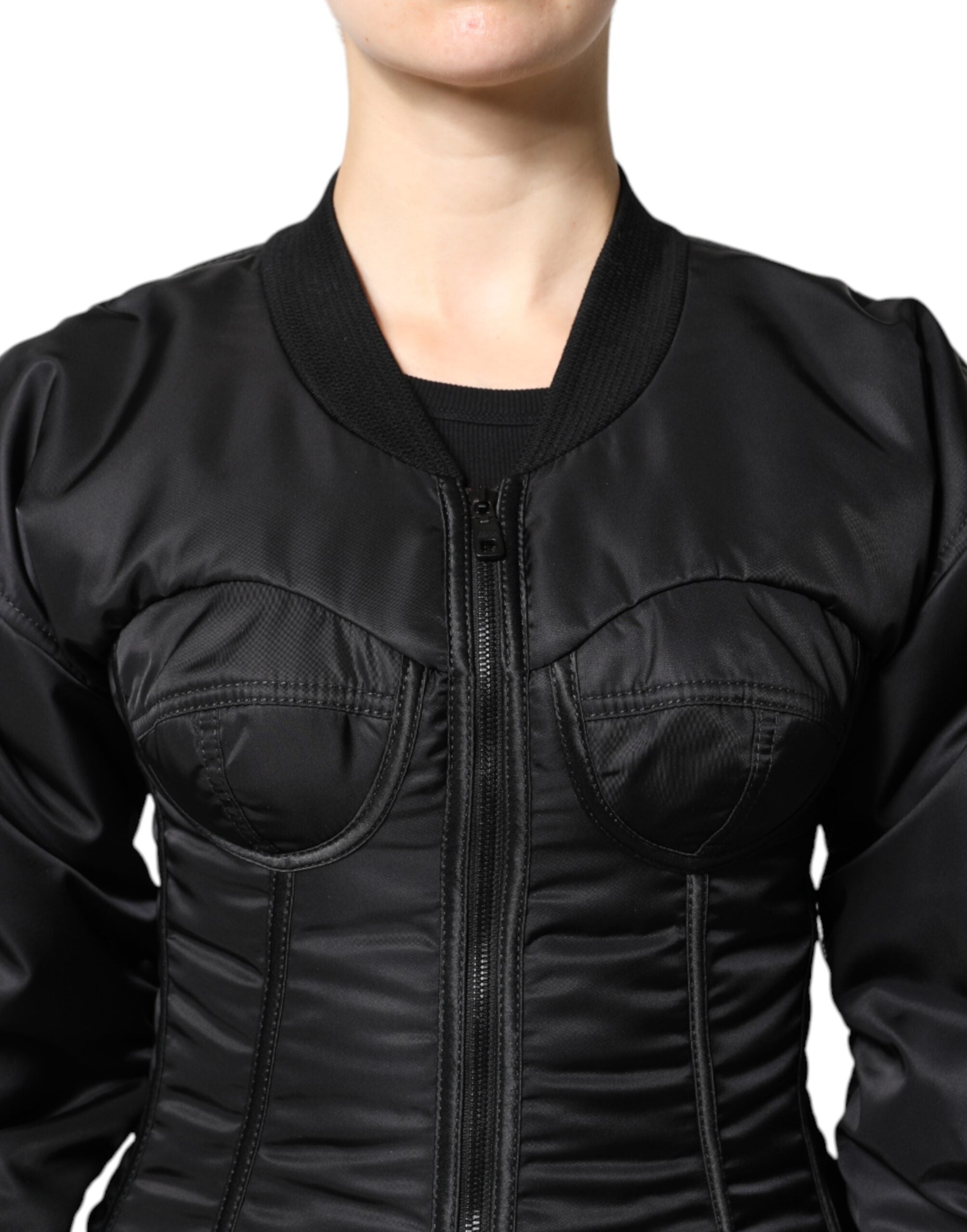 Dolce & Gabbana Black Nylon Full Zip Bustier Corset Women's Jacket