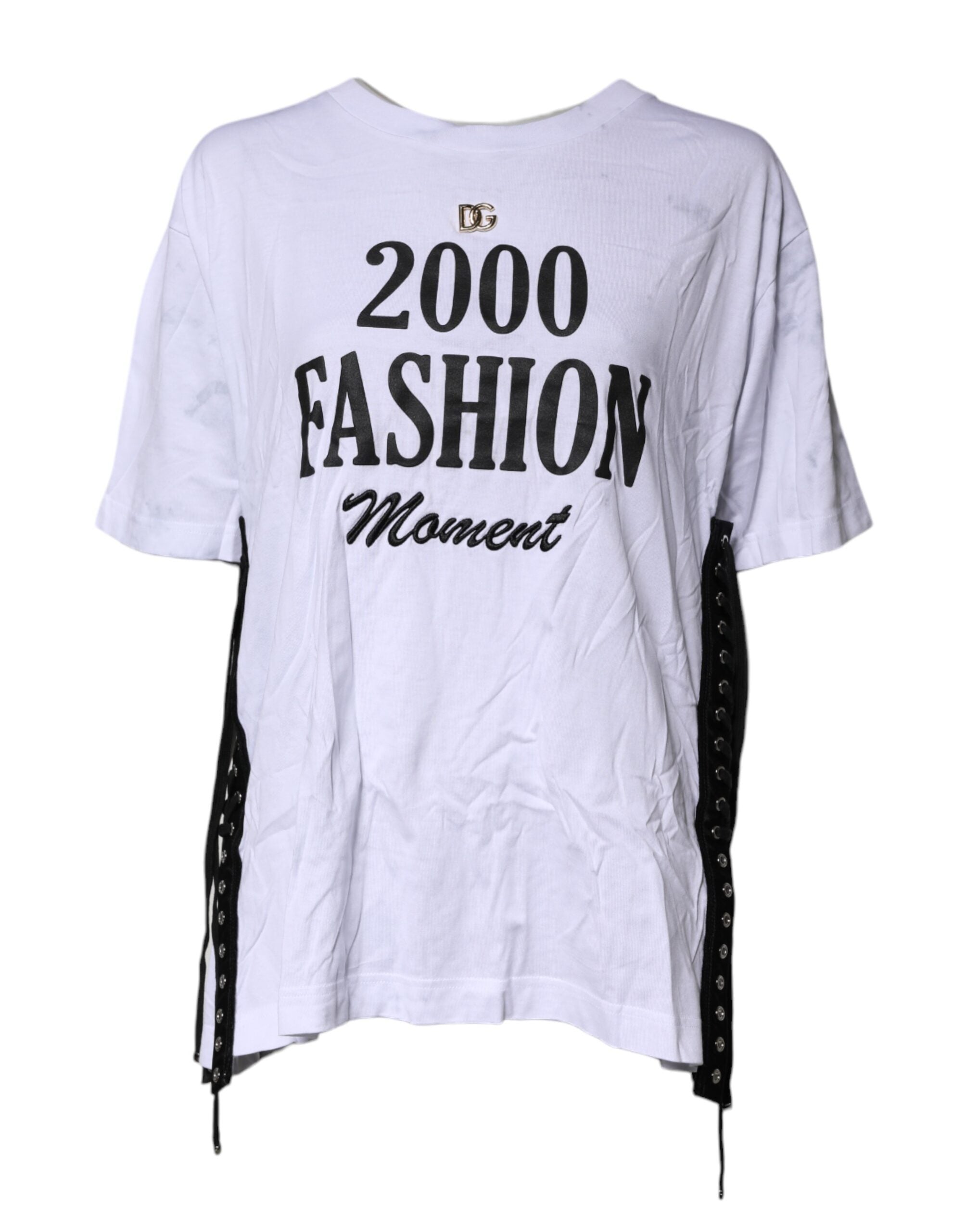 Dolce & Gabbana White Print Lace-Up Cotton Crew Neck Women's T-shirt (Pre-Owned)