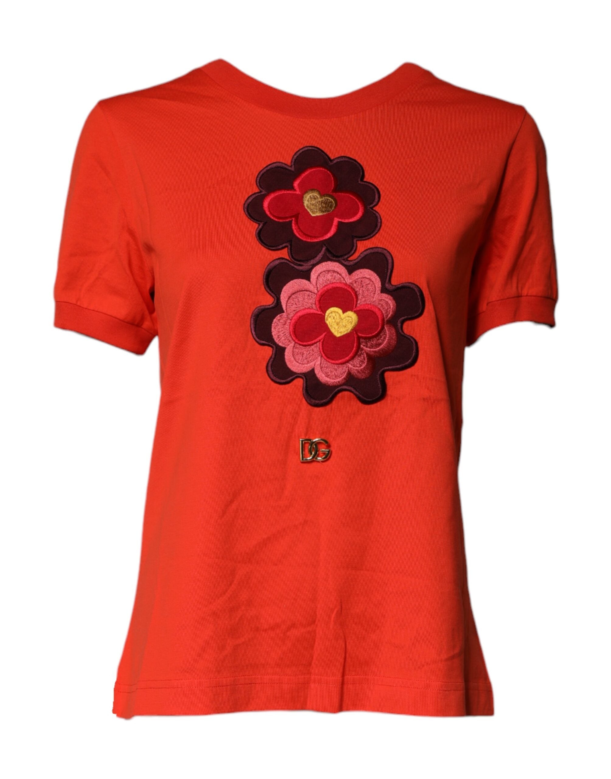 Dolce & Gabbana Red Floral Embroidery Cotton Crew Neck Women's T-shirt (Pre-Owned)