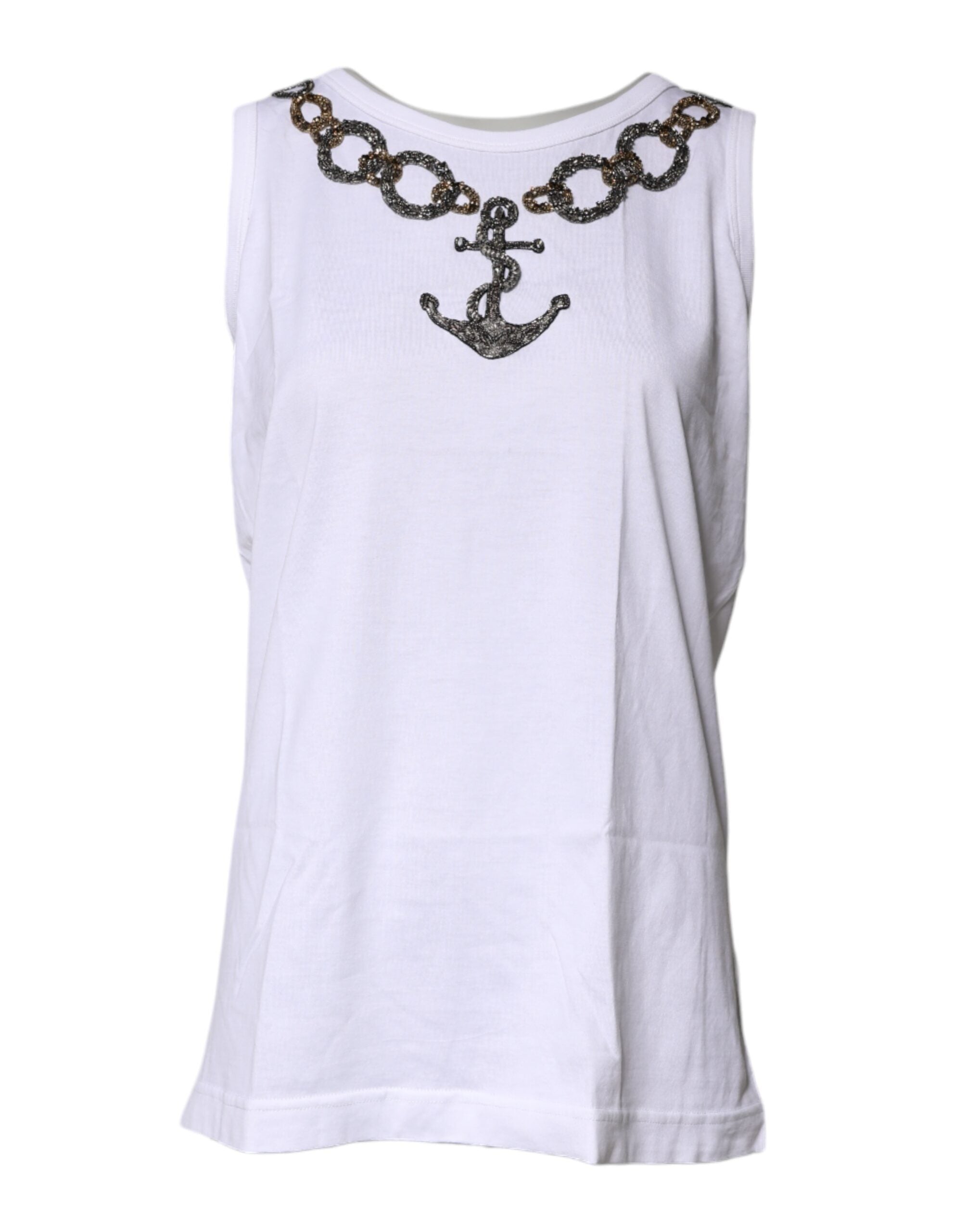 Dolce & Gabbana White Cotton Anchor Chain Embroidery Tank Women's Top (Pre-Owned)