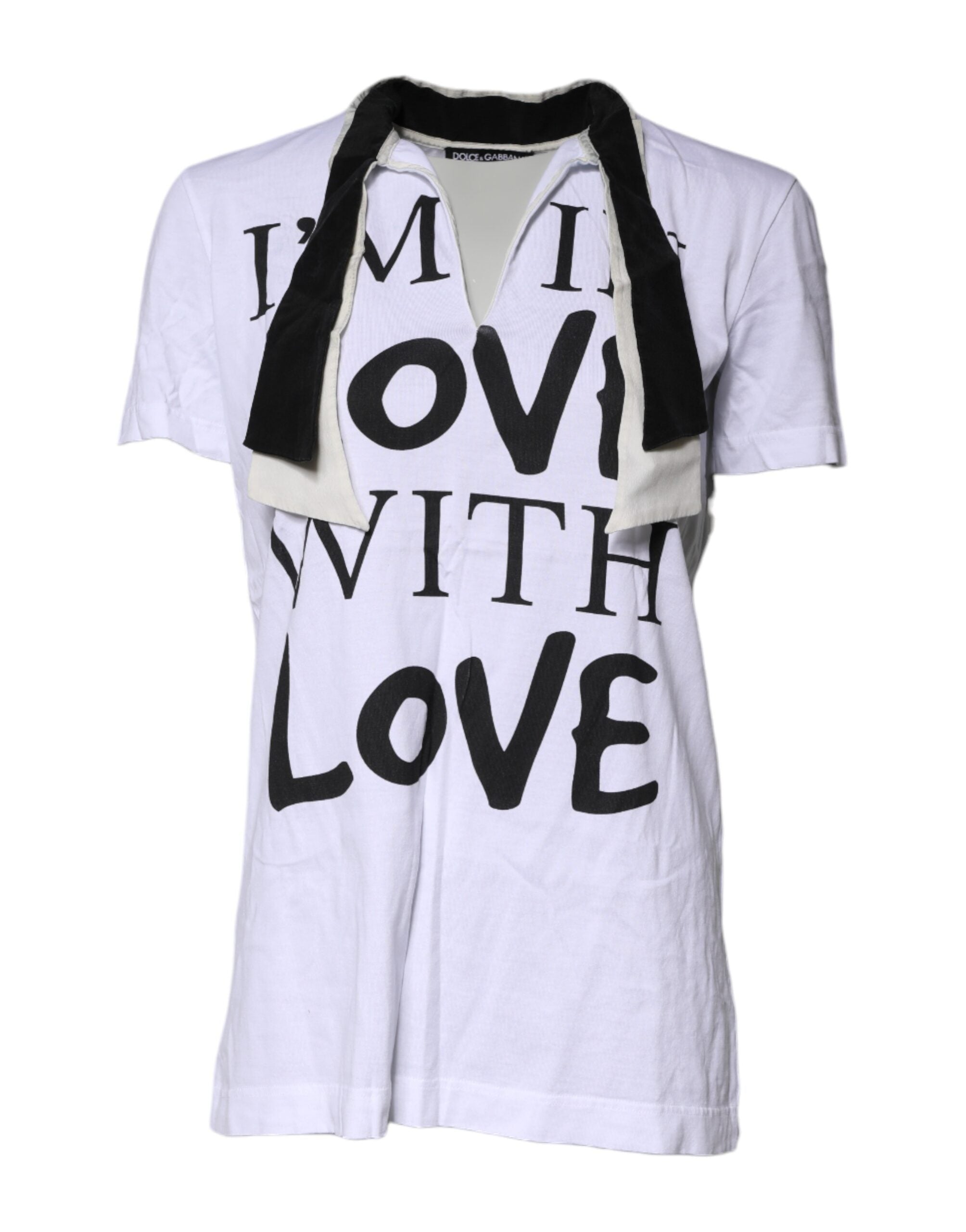 Dolce & Gabbana White Cotton Silk Blend Ascot Collar Women's T-shirt (Pre-Owned)