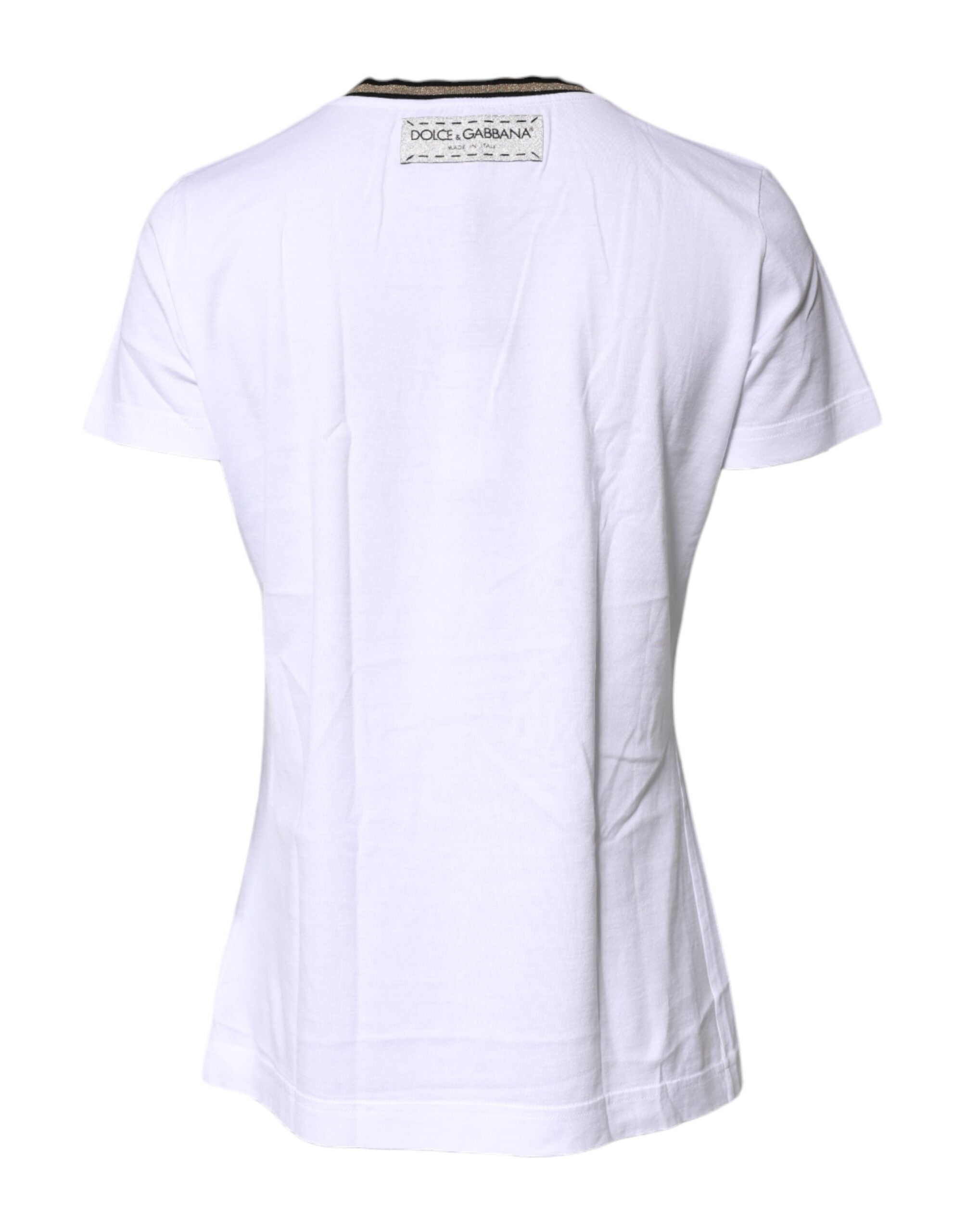 Dolce & Gabbana White Printed Round Neck Top Cotton Women's T-shirt