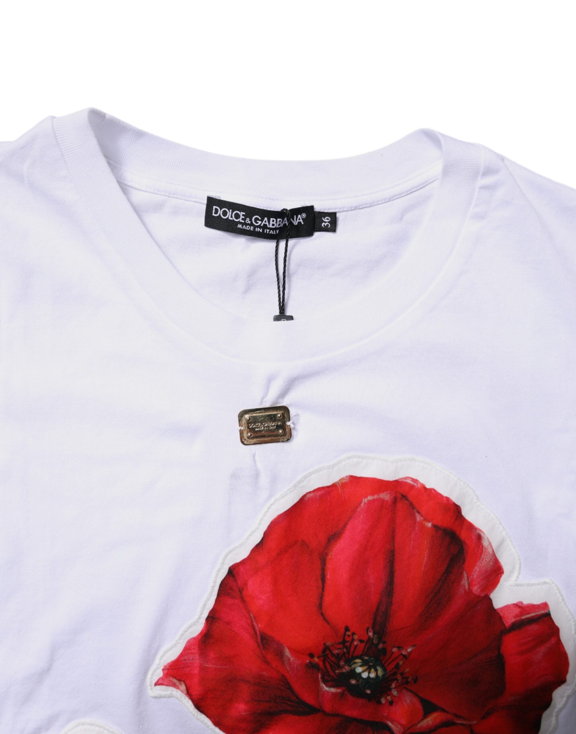 Dolce & Gabbana White Floral Print Cotton Crew Neck Women's T-shirt (Pre-Owned)