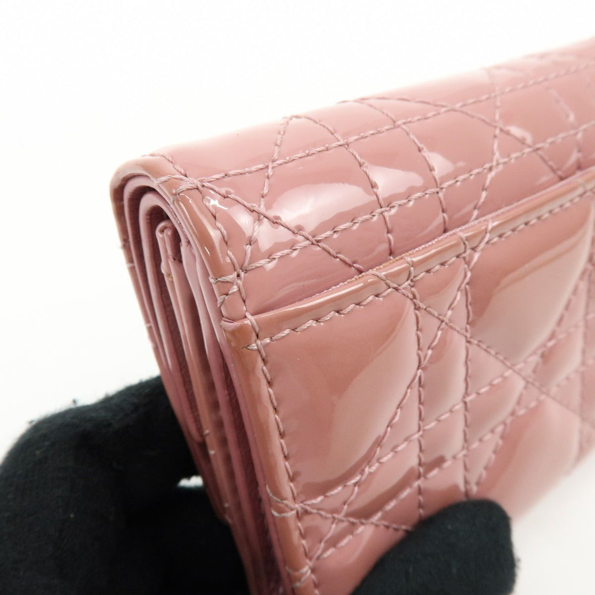 Christian Dior Lady Dior Cannage Quilt Leather Pink Patent_Leather Wallets Accessory (Pre-Owned)