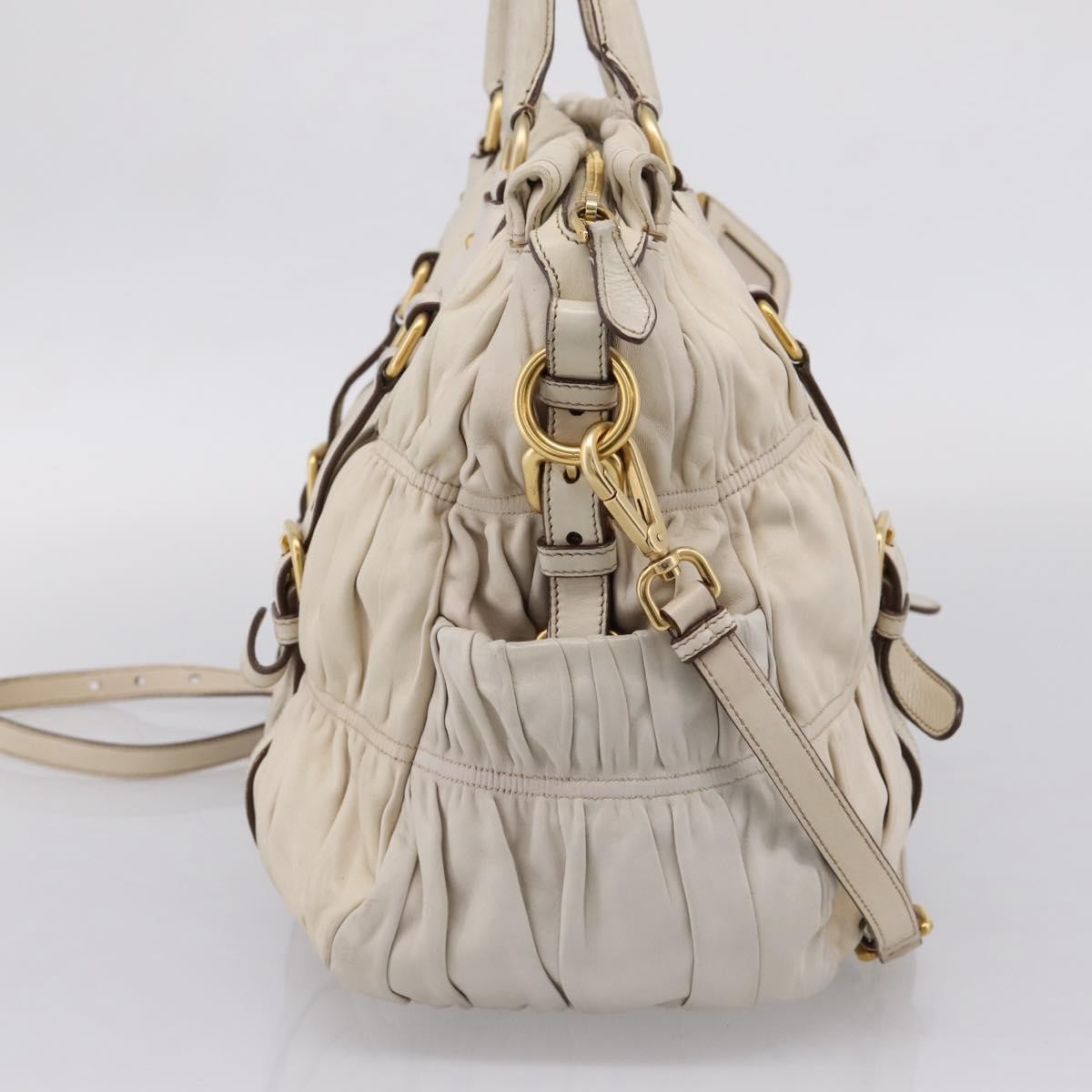 Prada Gaufre Convertible Satchel Nappa Leather Beige Leather Handbag (Pre-Owned)