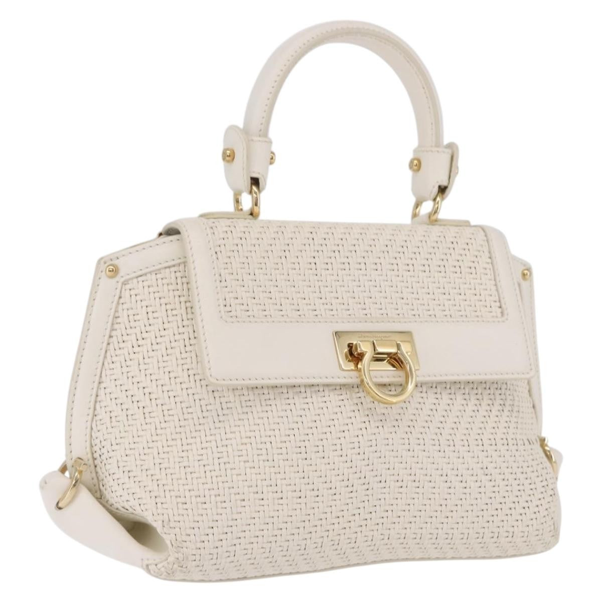 Salvatore Ferragamo Sofia Satchel Woven Leather White Leather Handbag (Pre-Owned)