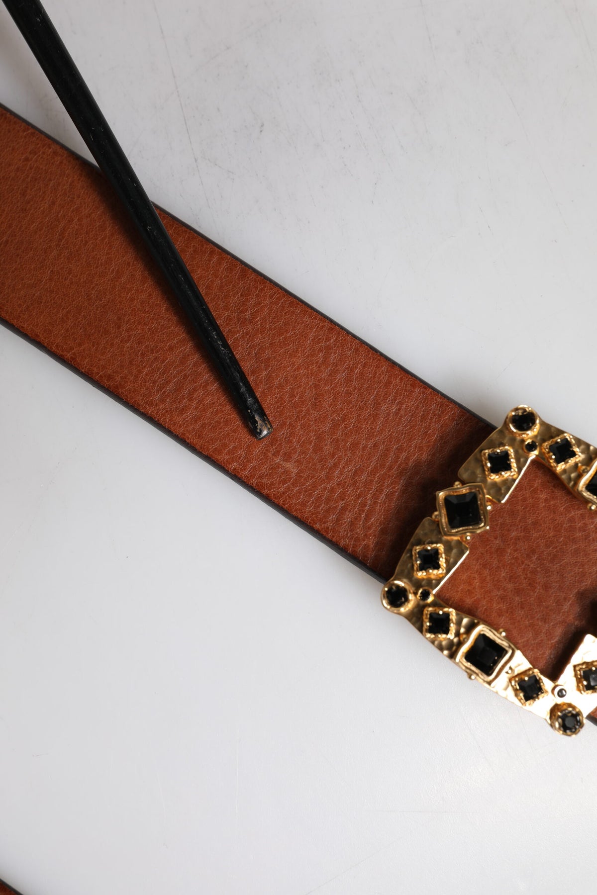 Dolce & Gabbana Brown Leather Gold Crystal Buckle Men's Belt (Pre-Owned)