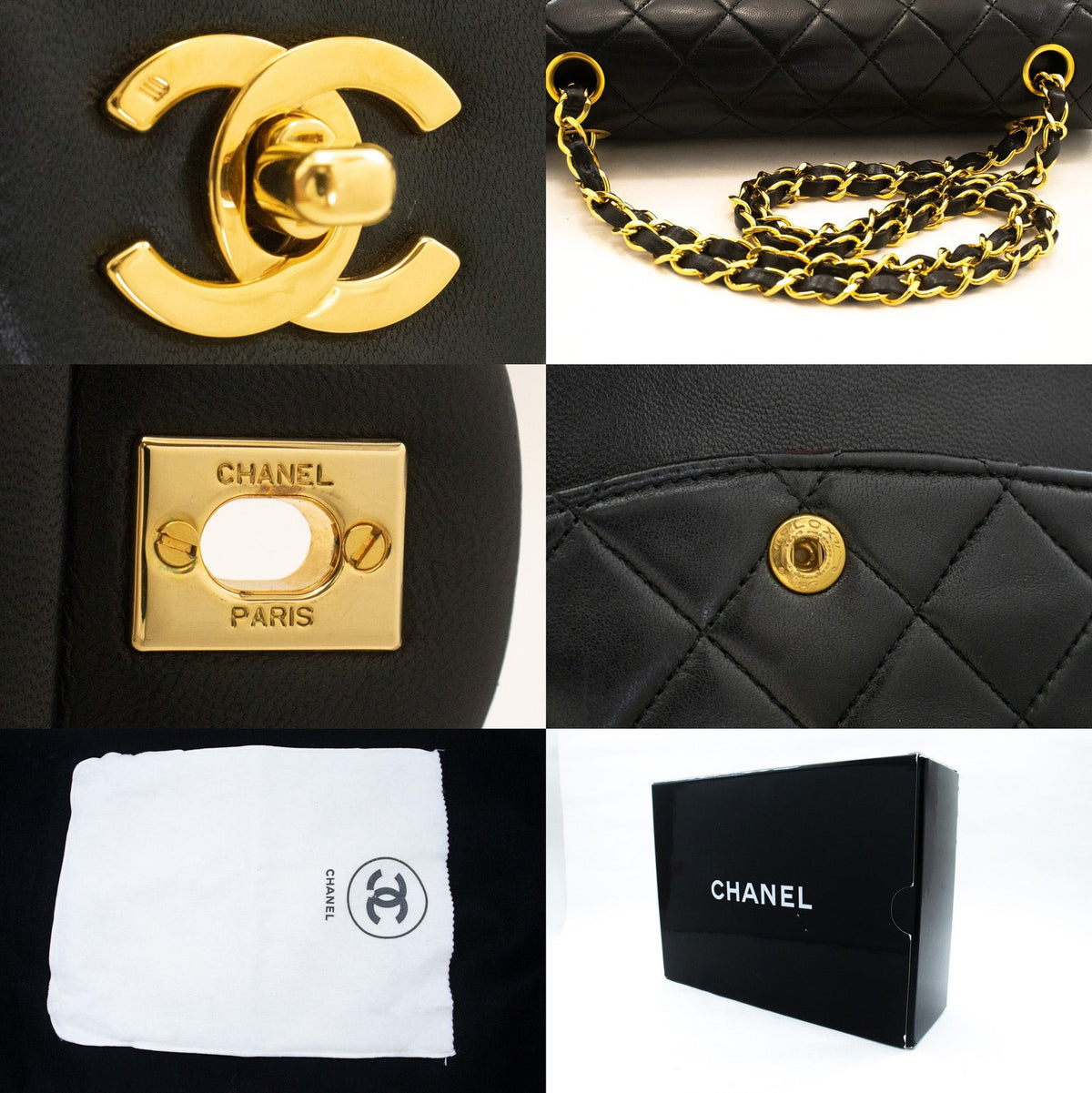 Chanel Classic Timeless Double Flap Quilted Lambskin Black Leather Handbag (Pre-Owned)