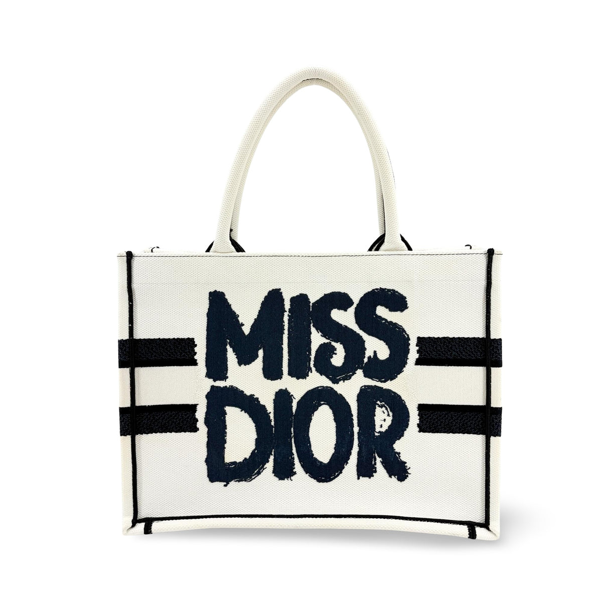 Christian Dior Miss Dior Book Embroidered Canvas White Canvas Tote Bag Bag (Pre-Owned)