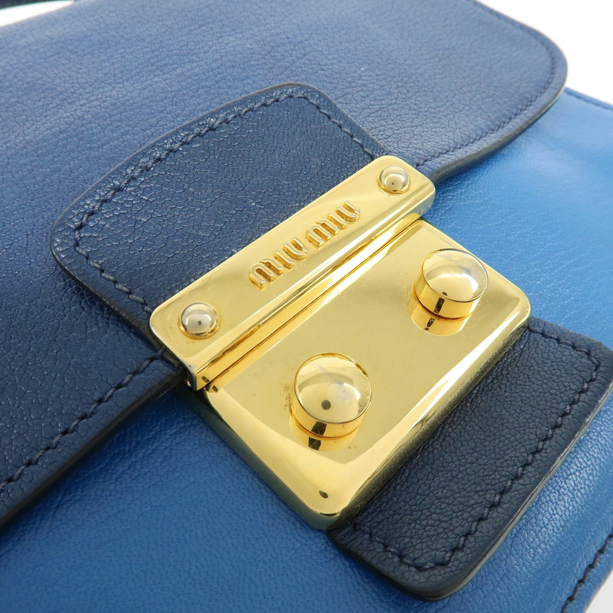 Miu Miu Madras Top Handle Leather Blue Leather Handbag (Pre-Owned)