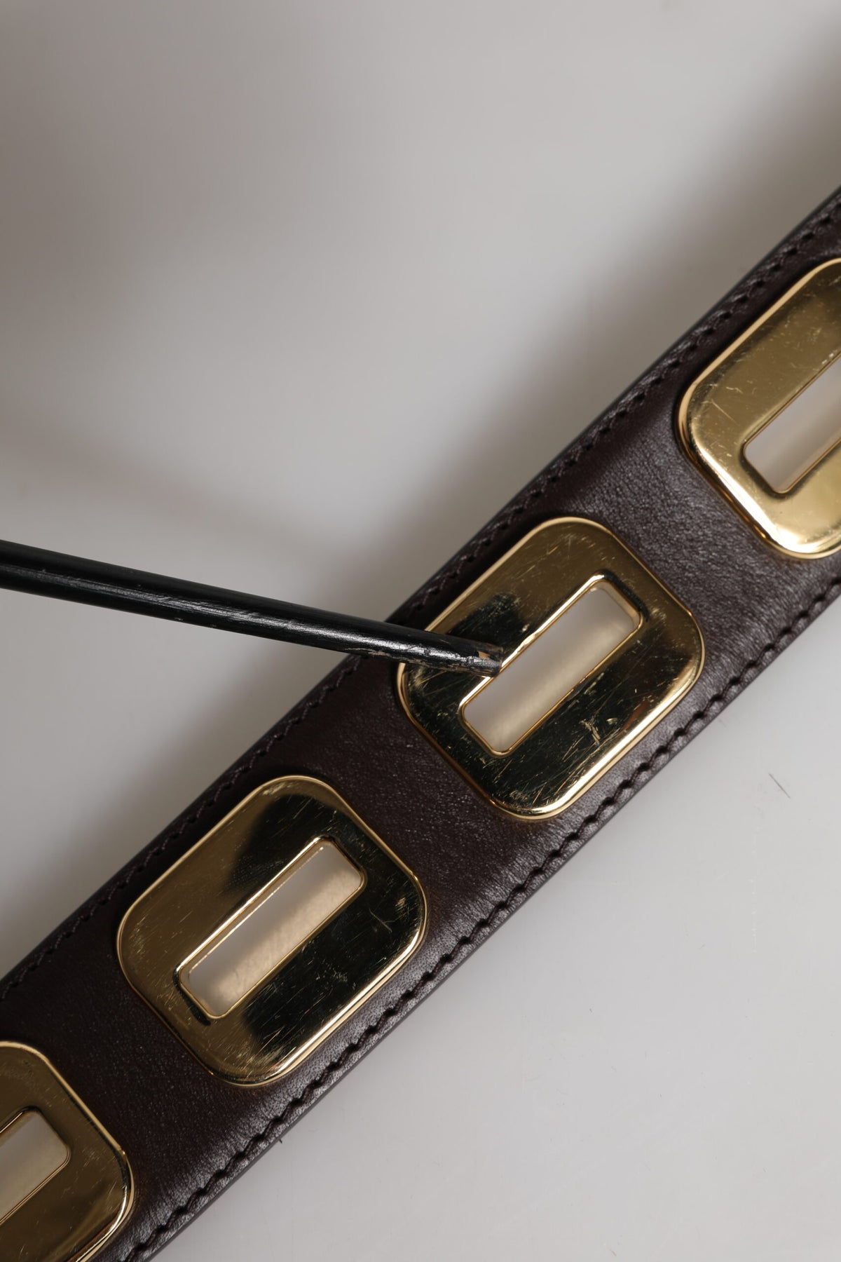 Dolce & Gabbana Dark Brown Leather Gold Rotating Buckle Women's Belt (Pre-Owned)