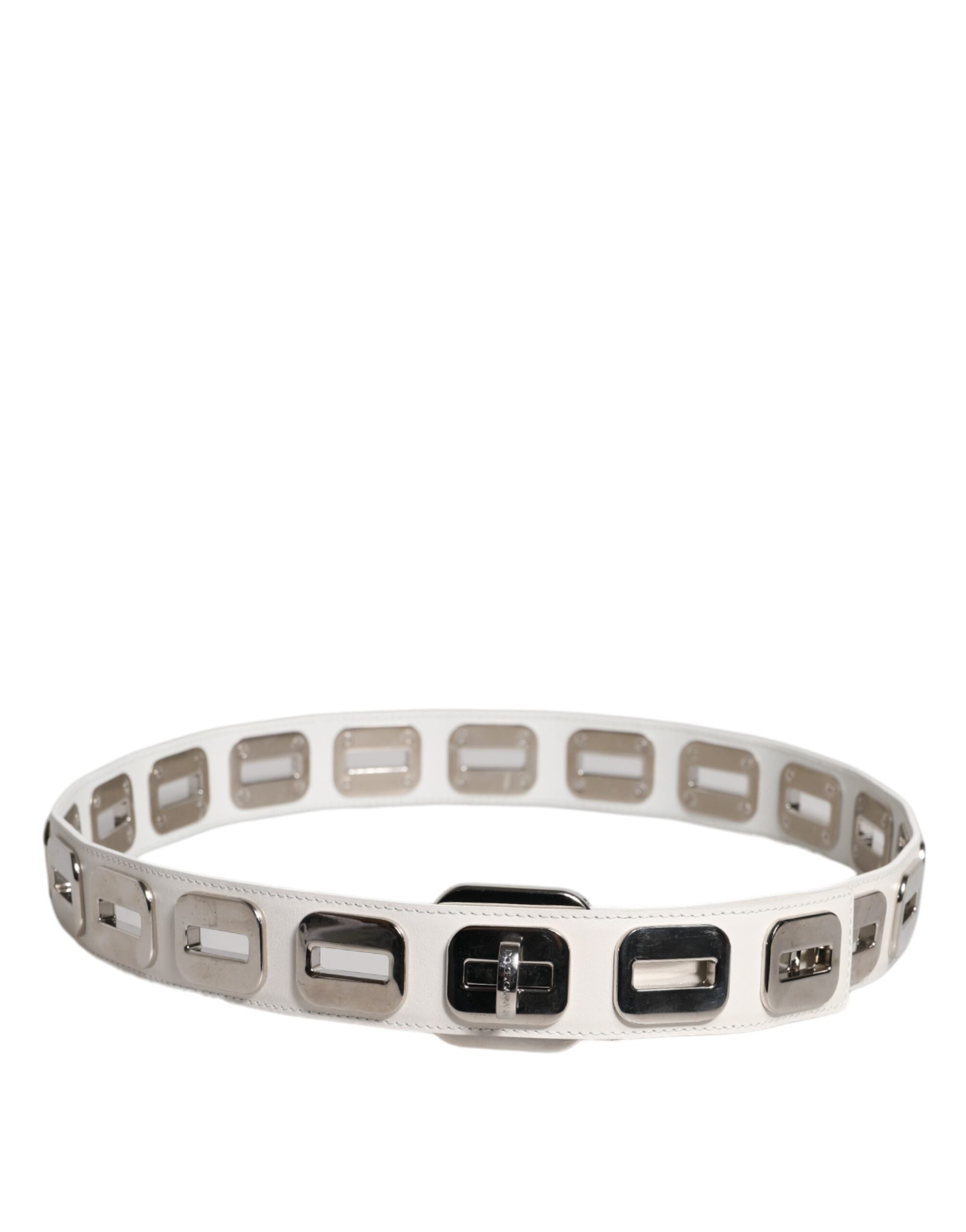 Dolce & Gabbana White Leather Gold Tone Rotating Buckle Women's Belt