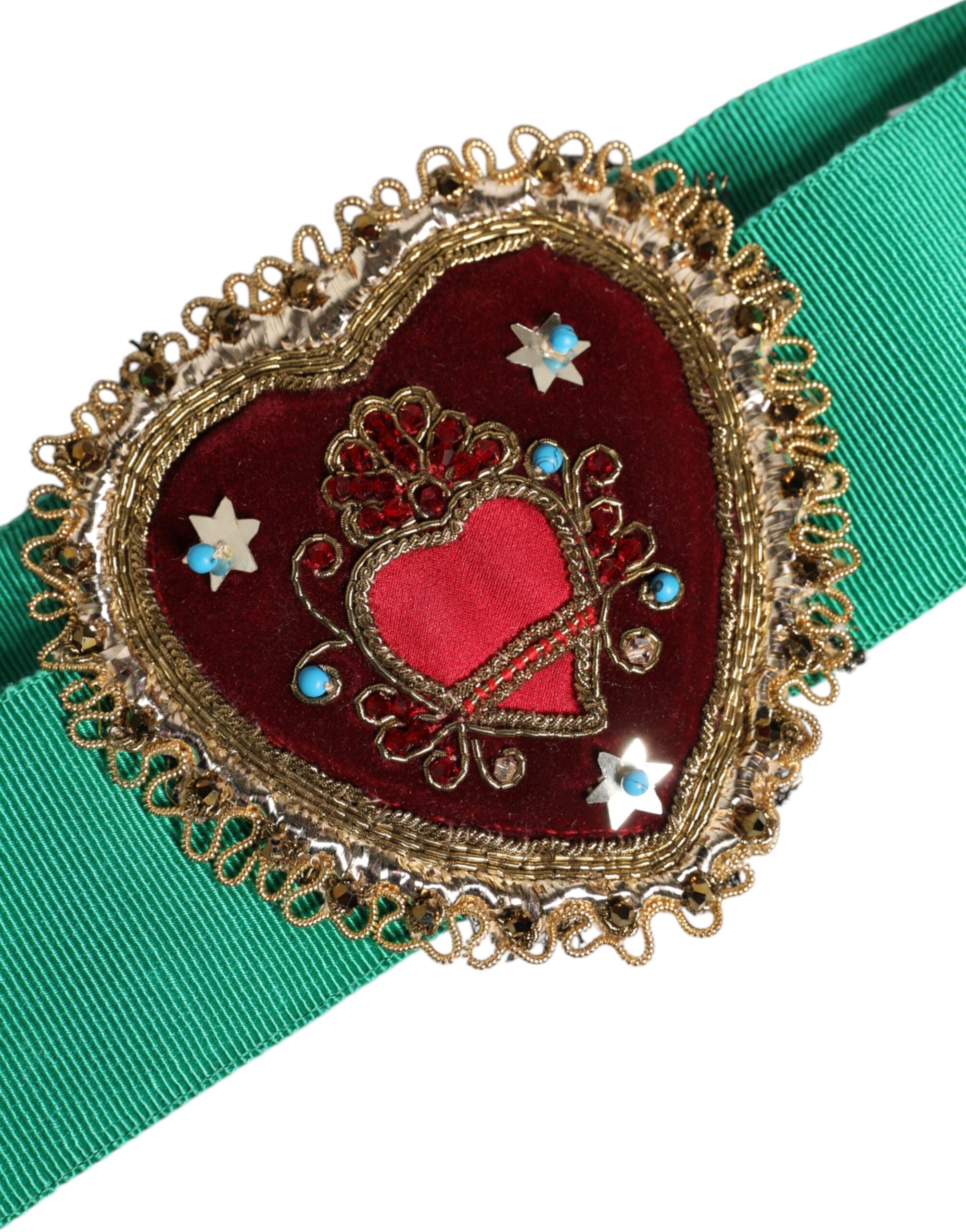 Dolce & Gabbana Green Stretch Wide Waist Heart Embellished Women's Belt