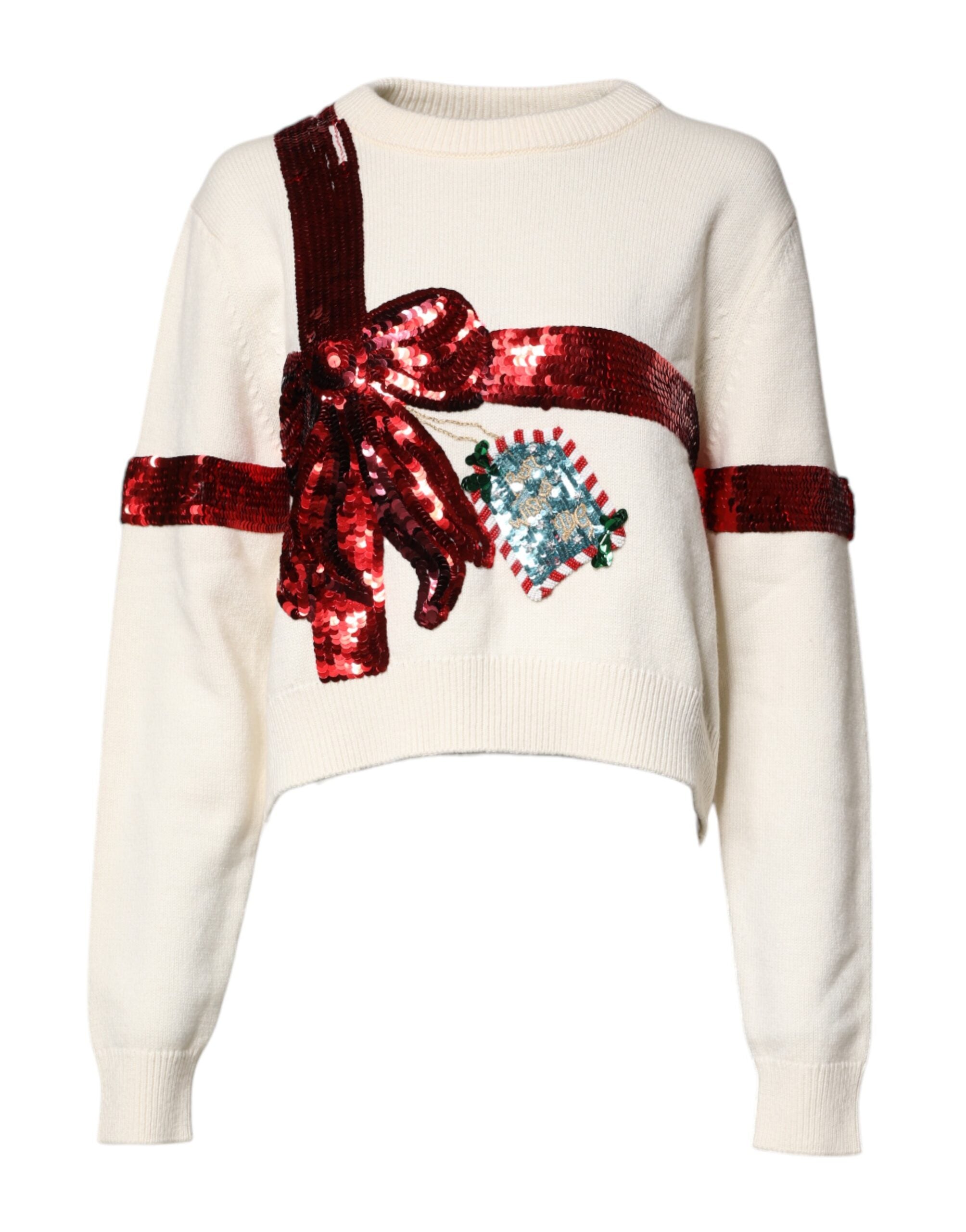 Dolce & Gabbana White Sequined Crew Neck Pullover Women's Sweater (Pre-Owned)