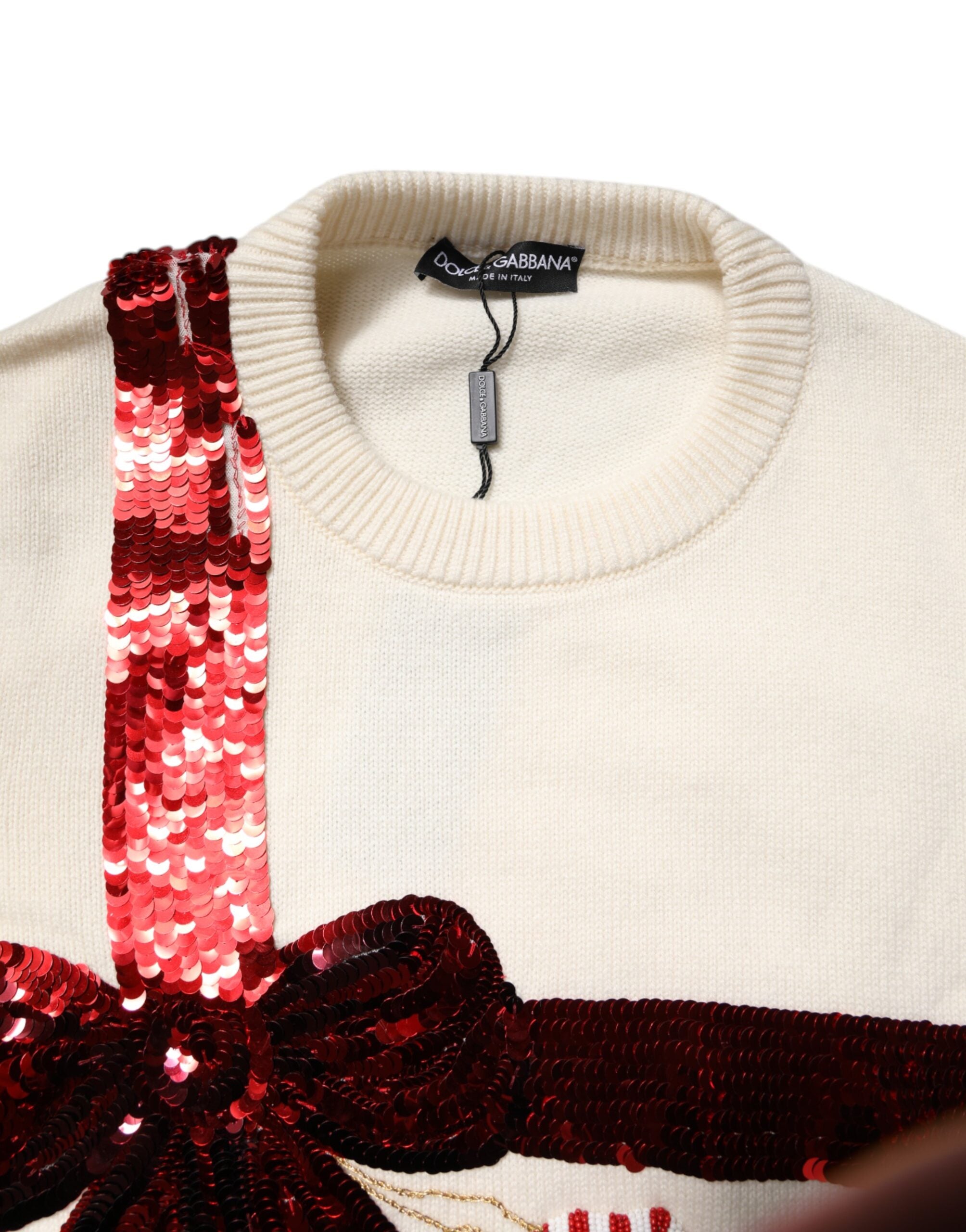Dolce & Gabbana White Sequined Crew Neck Pullover Women's Sweater (Pre-Owned)