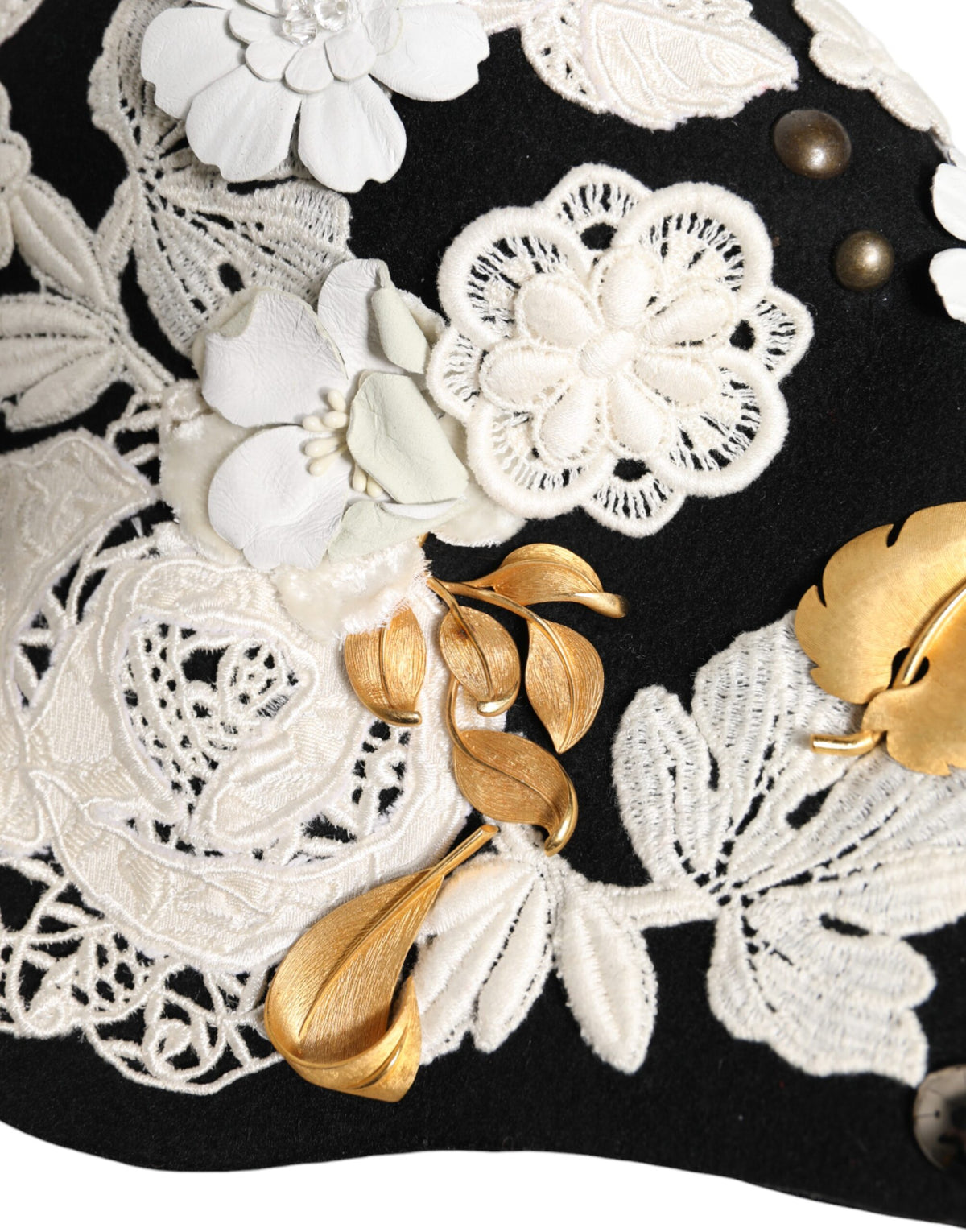 Dolce & Gabbana Black Wool White Floral Gold Leaf Cloche Women's Hat