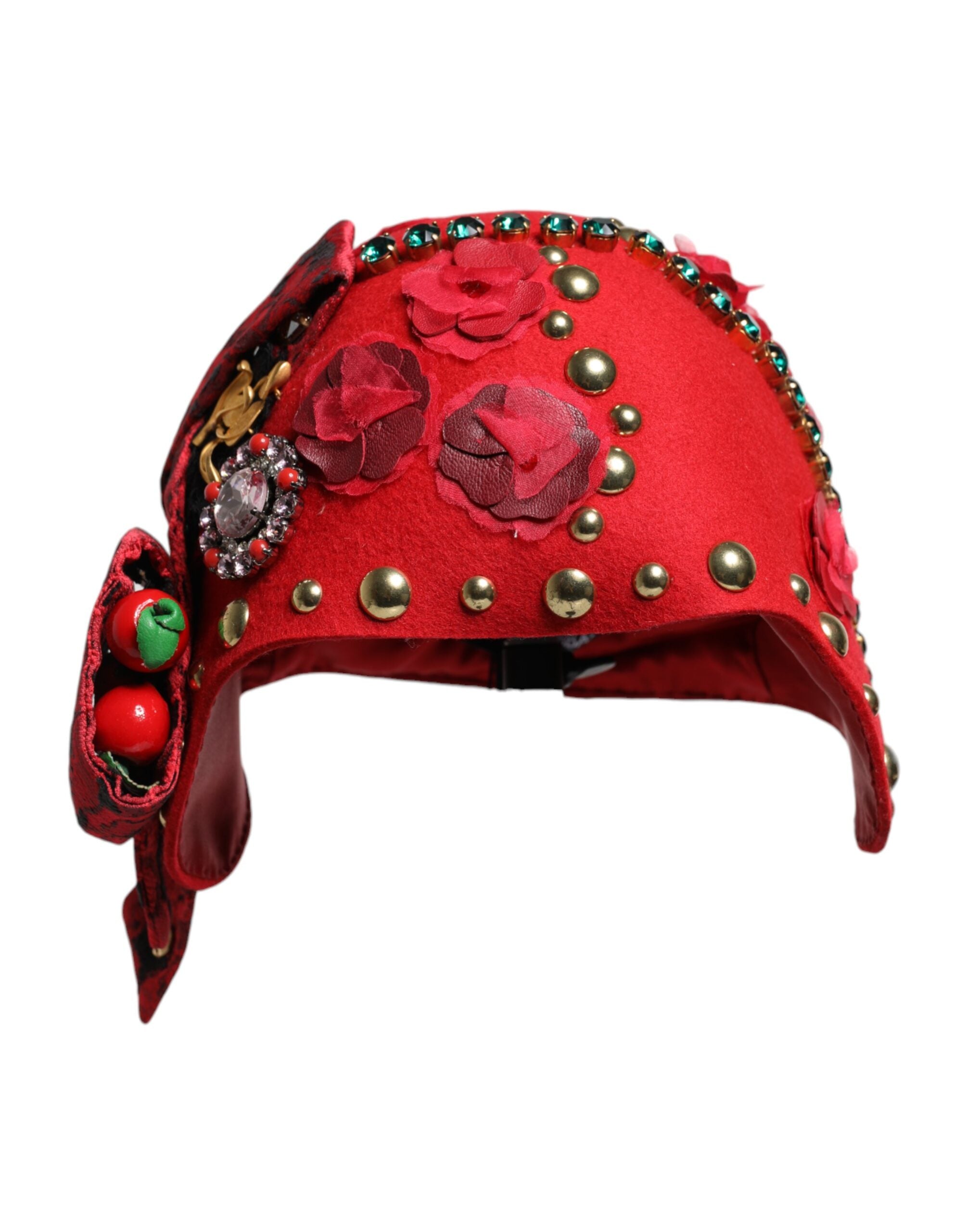 Dolce & Gabbana Red Crystal Gold Roses Brooch Embellished Women's Hat (Pre-Owned)