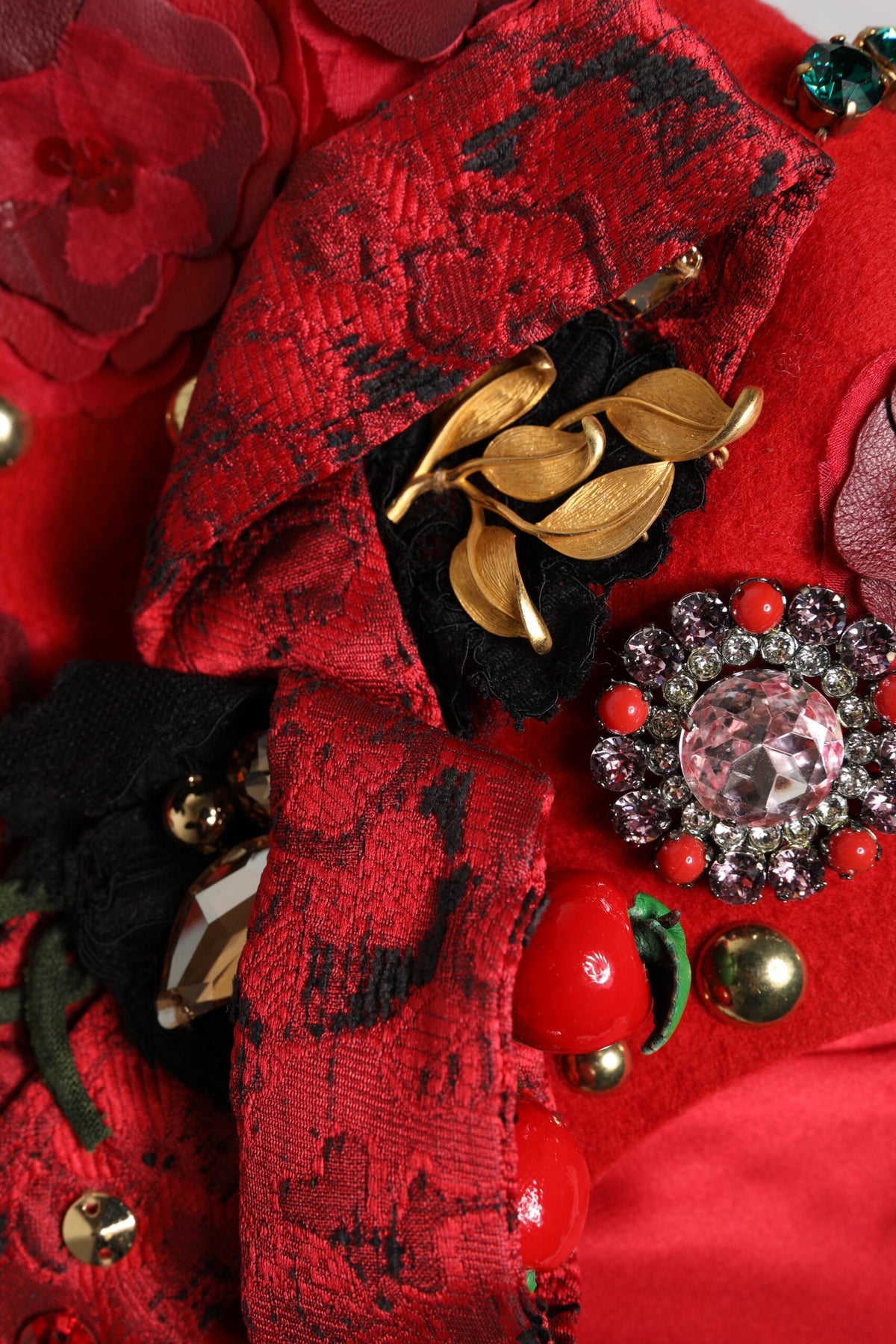 Dolce & Gabbana Red Crystal Gold Roses Brooch Embellished Women's Hat