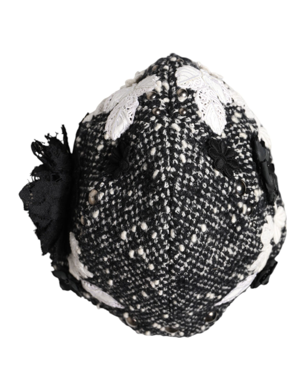 Dolce & Gabbana Black Wool White Floral Embellished Cloche Women's Hat