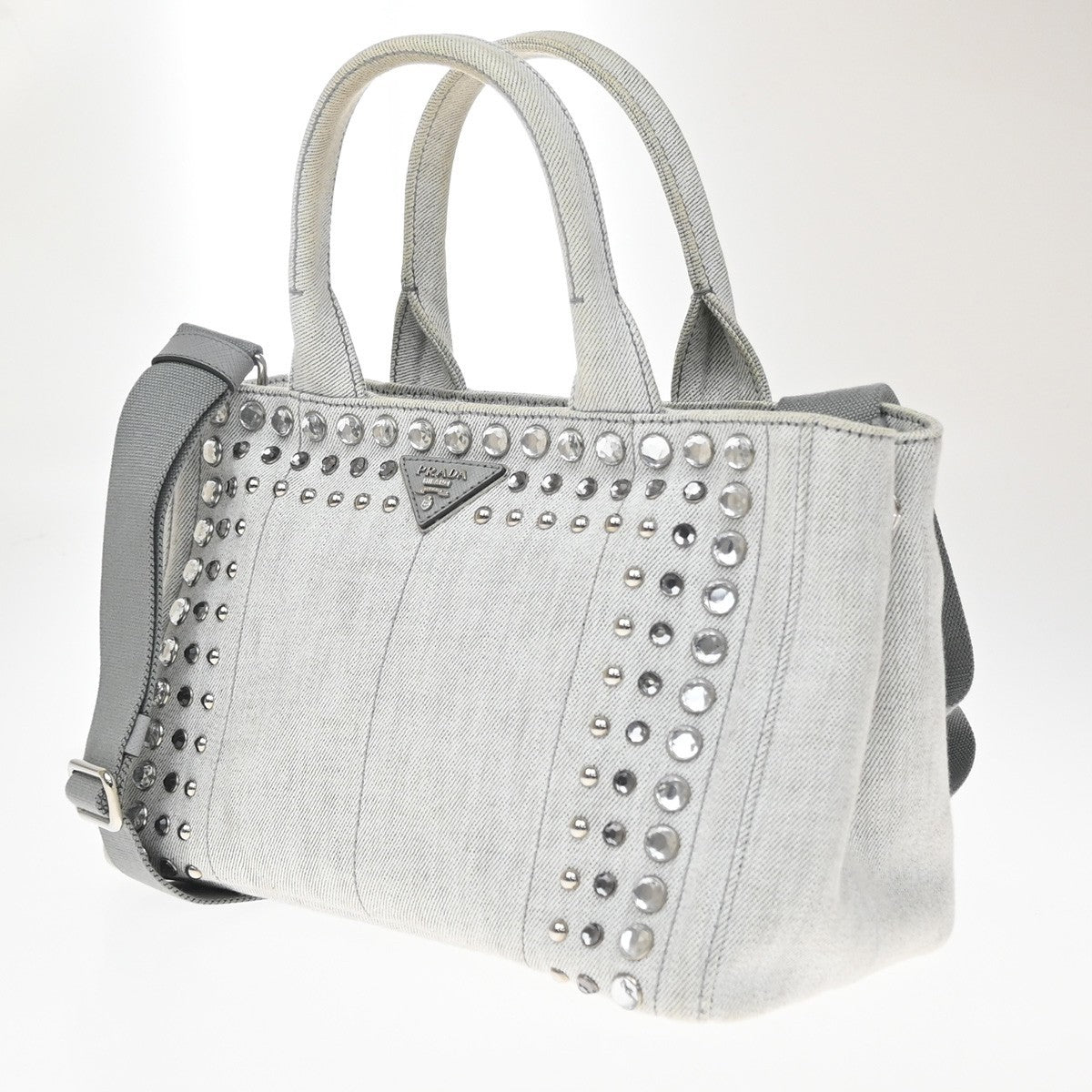 Prada Canapa Convertible Rhinestone Embellished Canvas Gray Canvas Tote Bag Bag (Pre-Owned)