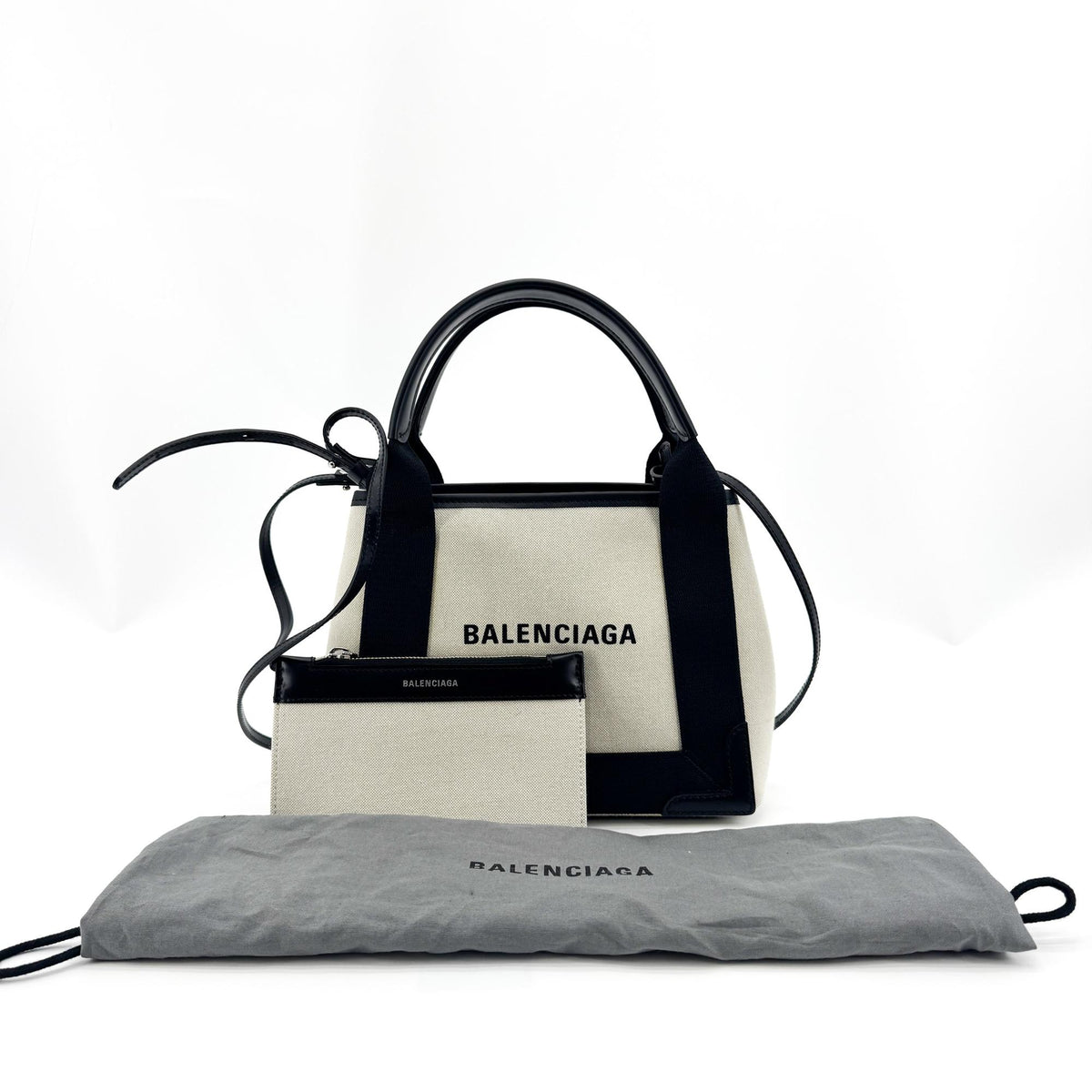 Balenciaga Navy Cabas Canvas With Leather Black Canvas Tote Bag Bag (Pre-Owned)