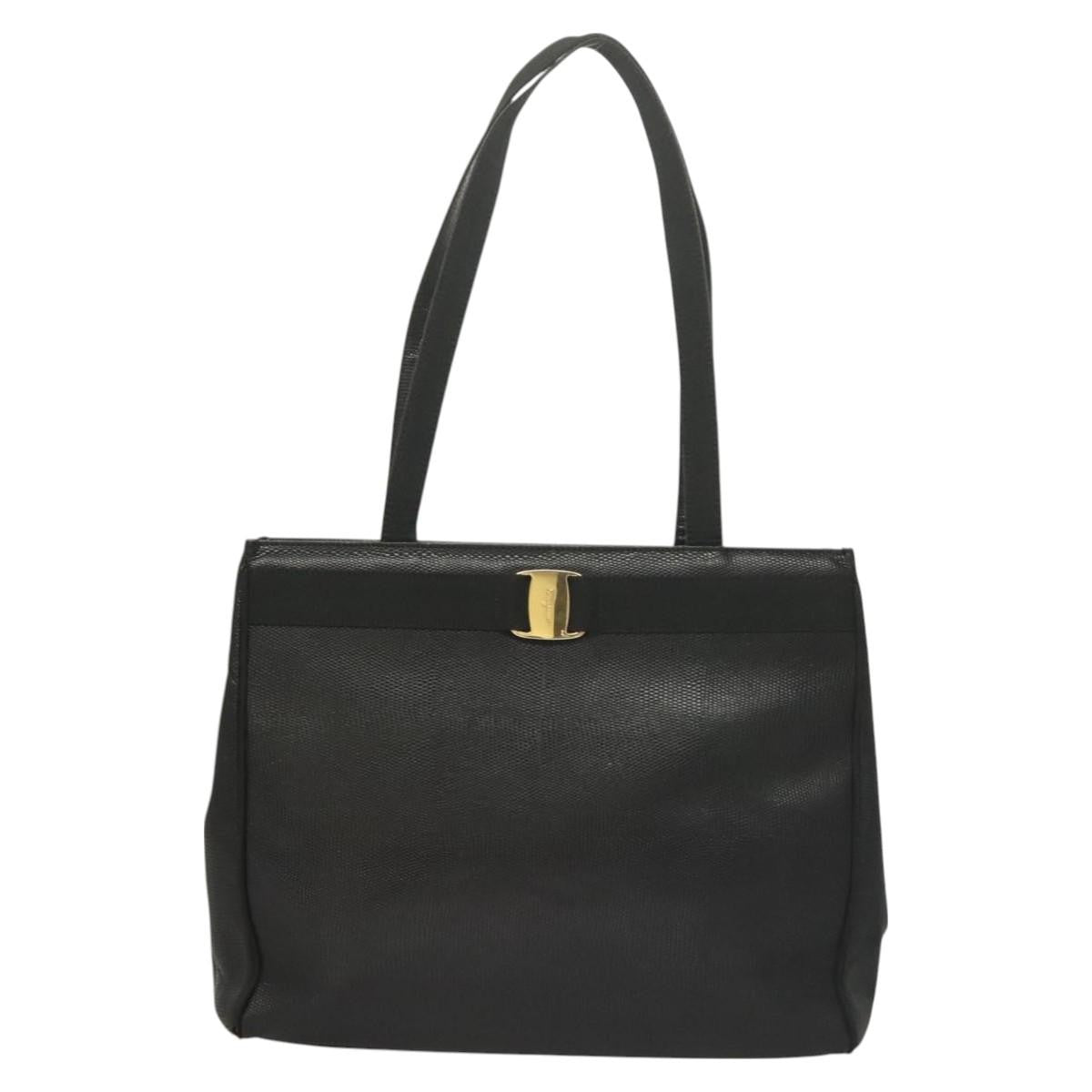 Salvatore Ferragamo Vintage Vara Bow Tote Lizard Embossed Leather Black Leather Tote Bag Bag (Pre-Owned)