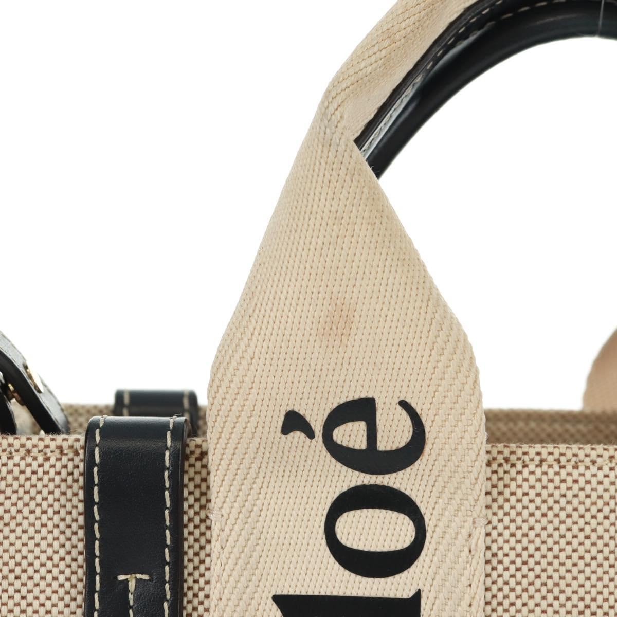 Chloe Woody Convertible Canvas With Leather Beige Canvas Tote Bag Bag (Pre-Owned)