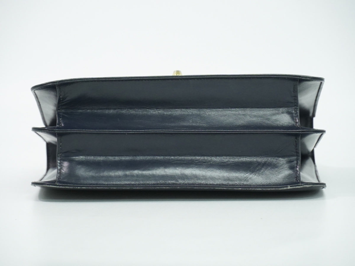 Gucci Vintage Top Handle Flap Leather With Chain Detail Navy Leather Handbag (Pre-Owned)
