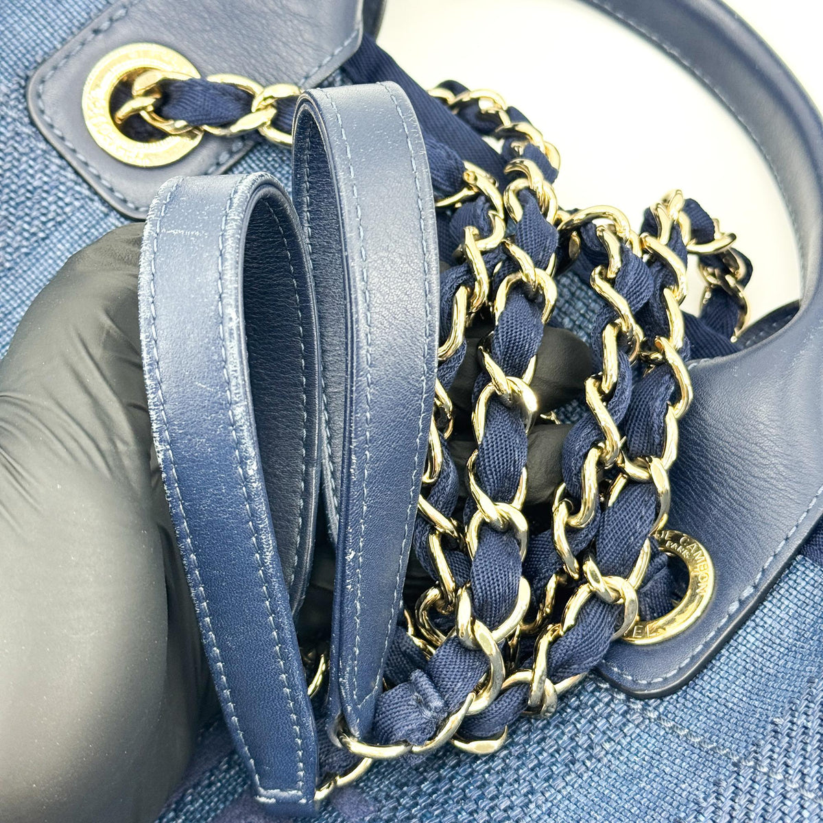 Chanel Deauville Stripe Canvas Navy Canvas Tote Bag Bag (Pre-Owned)