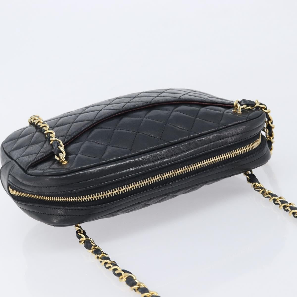 Chanel Vintage Front Pocket Camera Chevron Lambskin Black Leather Handbag (Pre-Owned)