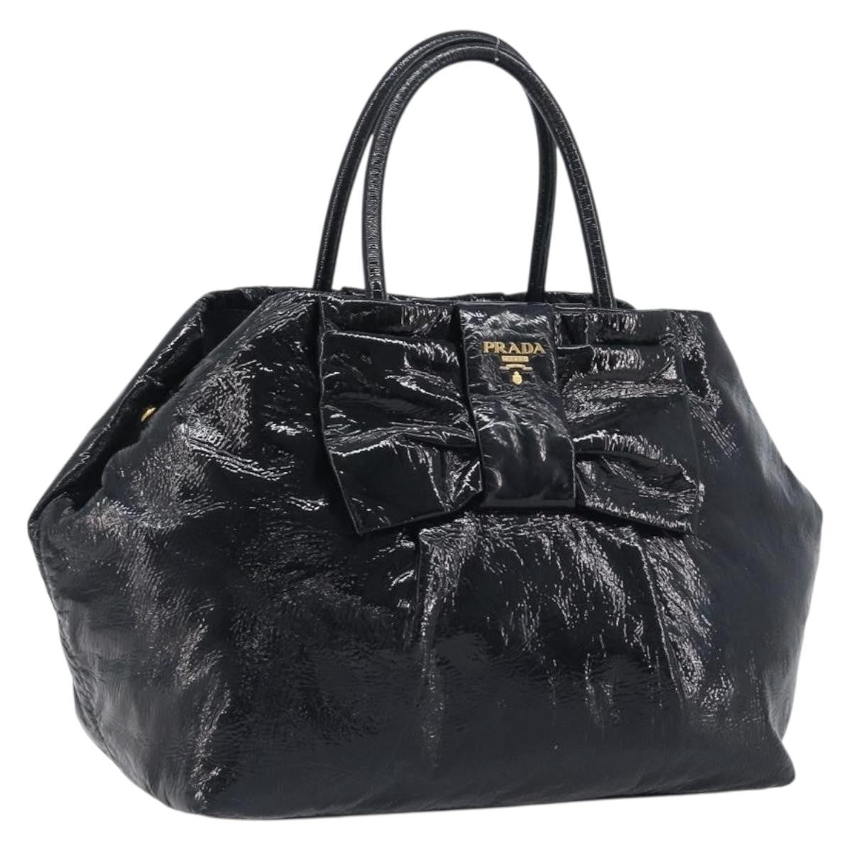 Prada Bow Top Handle Patent Leather Black Patent_Leather Handbag (Pre-Owned)