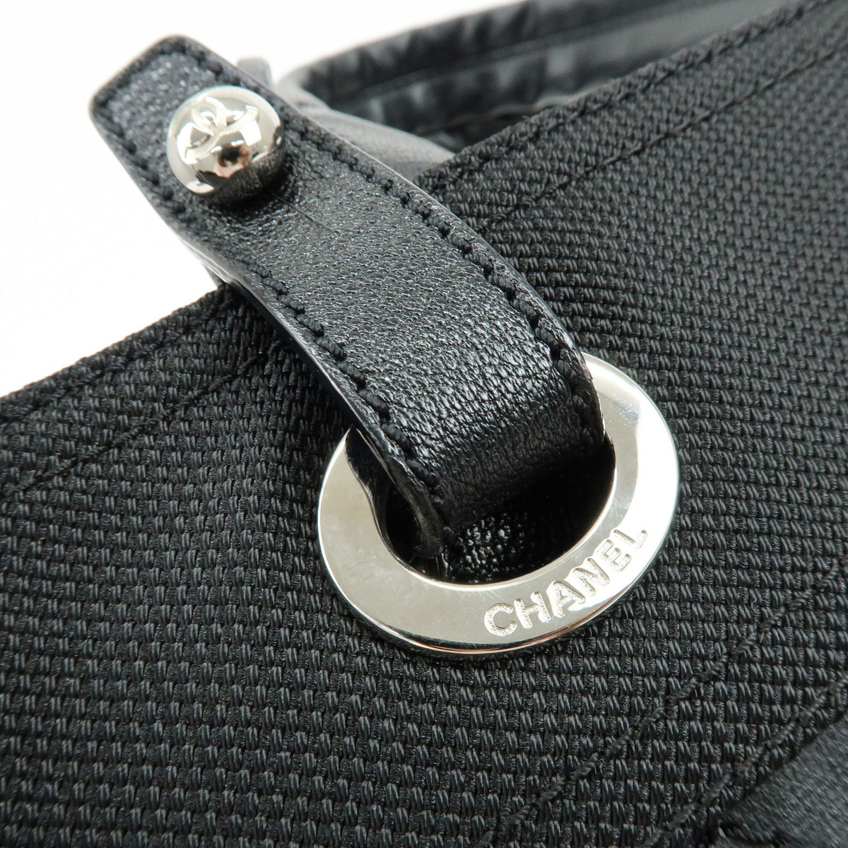 Chanel Biarritz Quilted Coated Canvas Black Leather Tote Bag Bag (Pre-Owned)