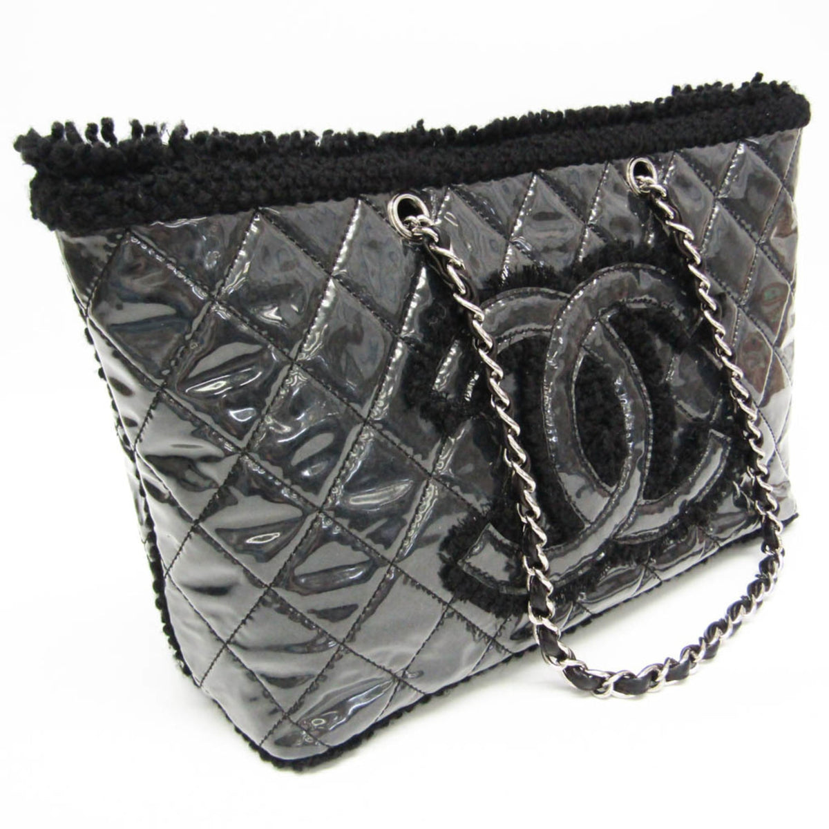 Chanel Funny Tweed Quilted Vinyl Black Plastic Tote Bag Bag (Pre-Owned)