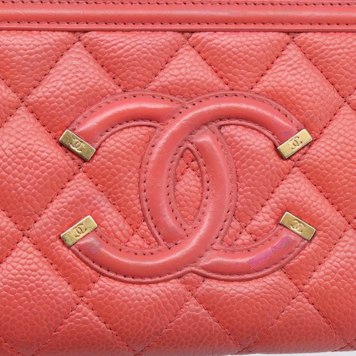 Chanel Filigree Zip Around Quilted Caviar Orange Calfskin Wallets Accessory (Pre-Owned)
