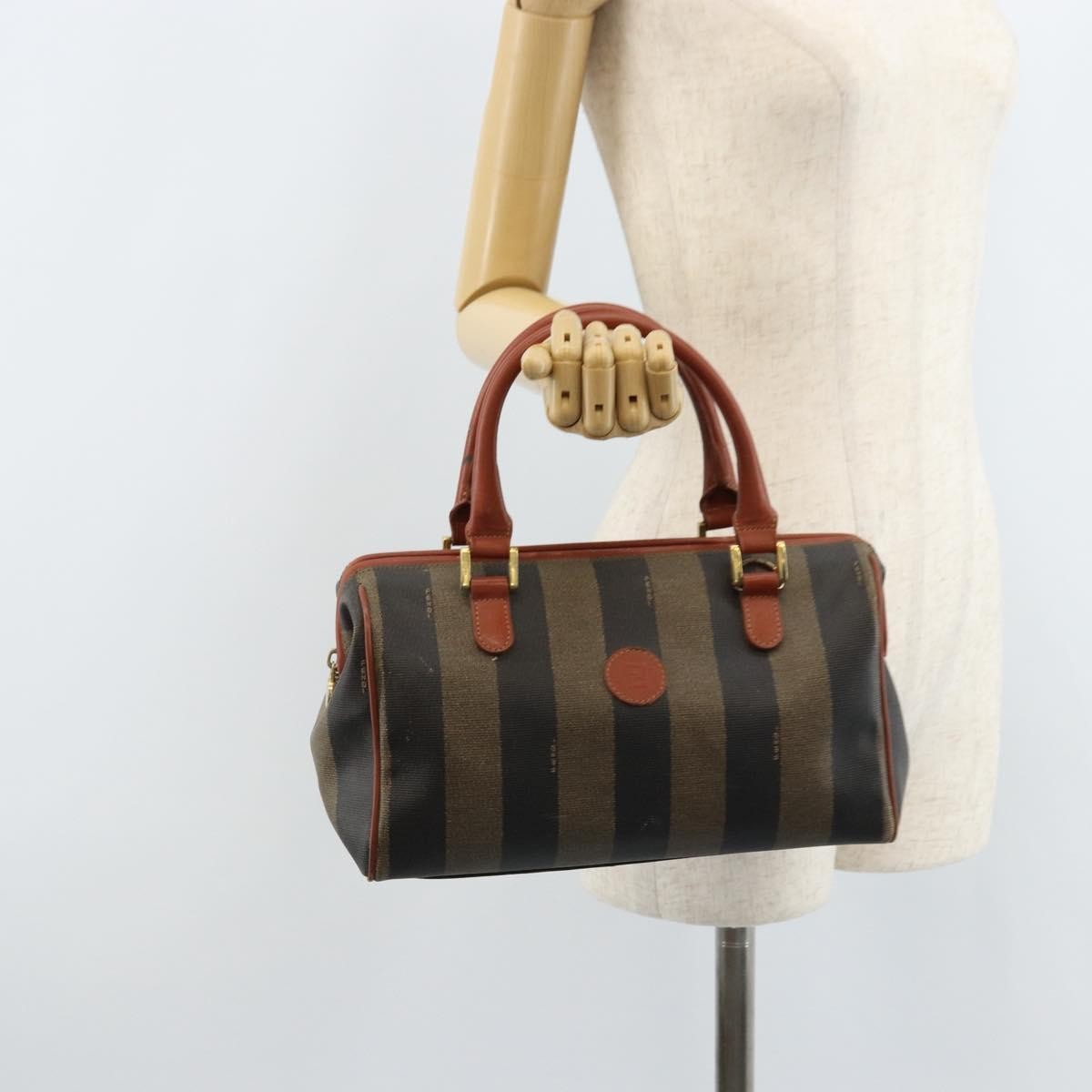 Fendi Vintage Pequin Convertible Boston Coated Canvas Brown Canvas Handbag (Pre-Owned)