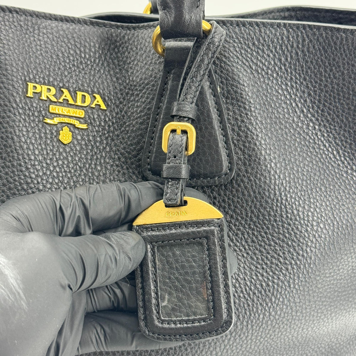 Prada Side Zip Convertible Vitello Daino Black Leather Tote Bag Bag (Pre-Owned)