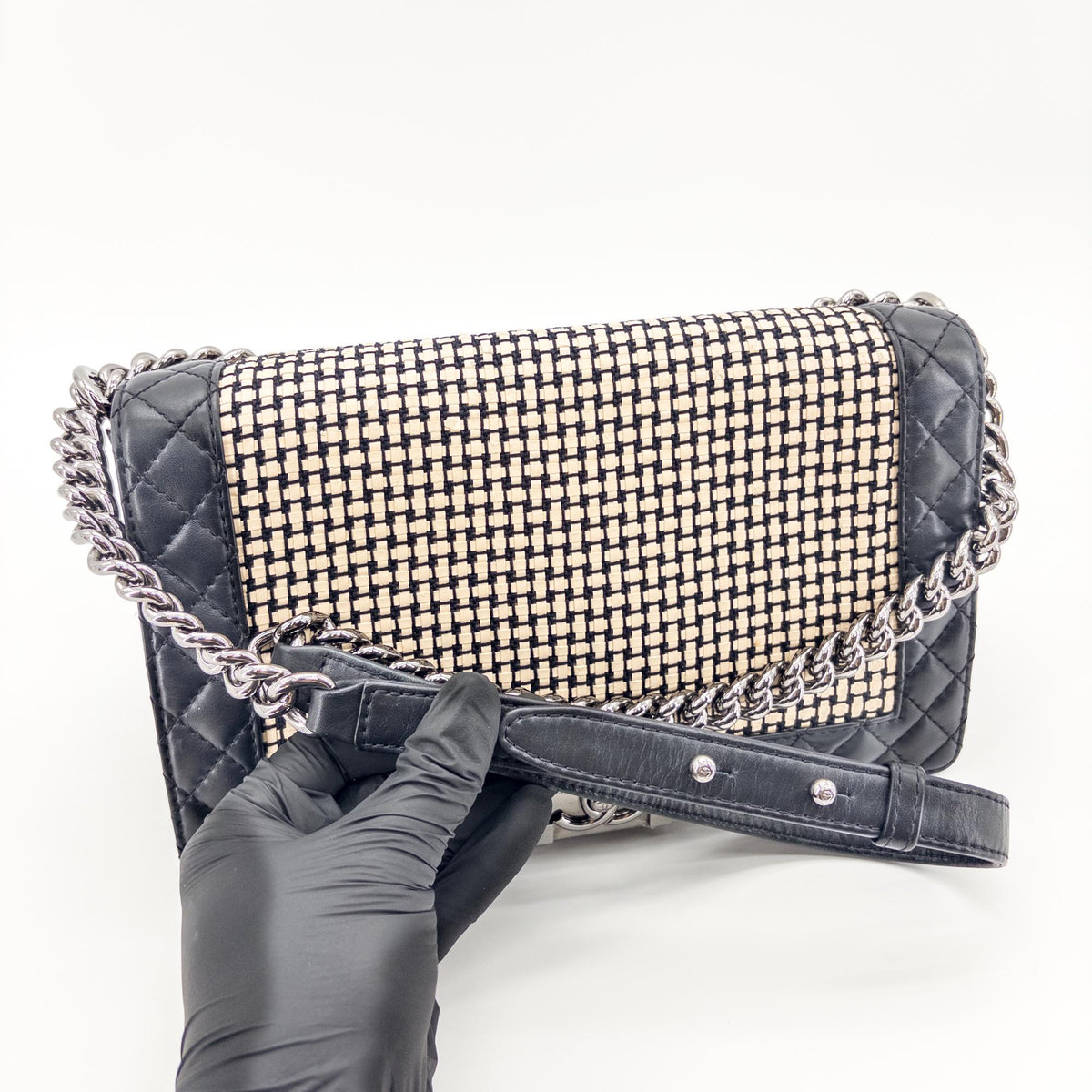 Chanel Reverso Boy Flap Woven Calfskin Black Leather Shoulder Bag Bag (Pre-Owned)