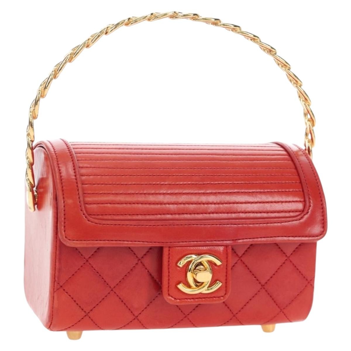Chanel Vintage Mademoiselle Top Handle Flap Quilted Leather Red Leather Handbag (Pre-Owned)