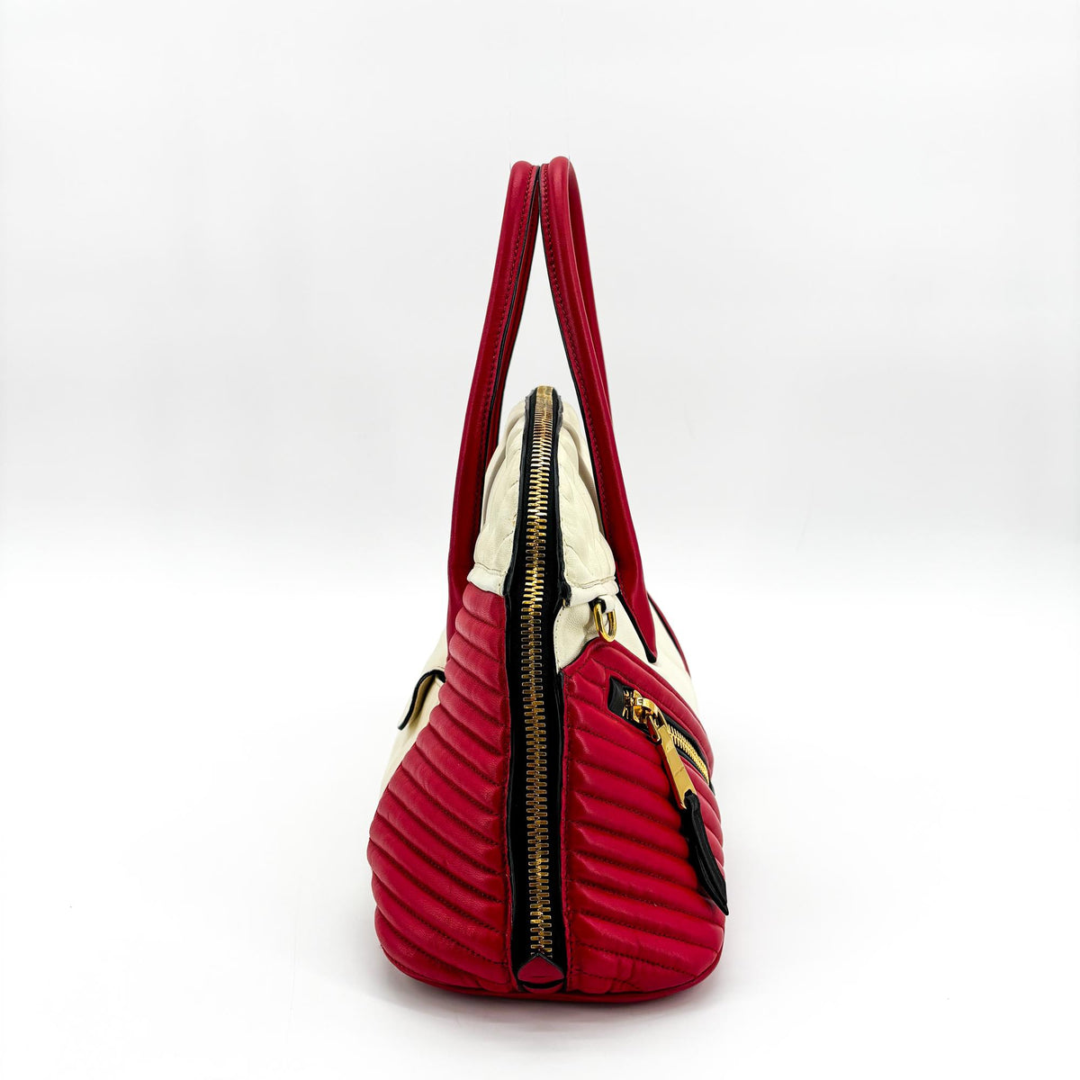 Miu Miu Biker Convertible Dome Satchel Quilted Leather Red Leather Handbag (Pre-Owned)