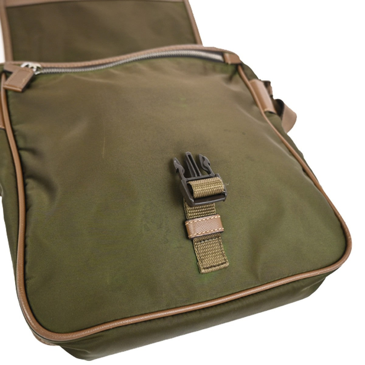 Prada Logo Buckle Messenger Nylon Khaki Nylon Handbag (Pre-Owned)