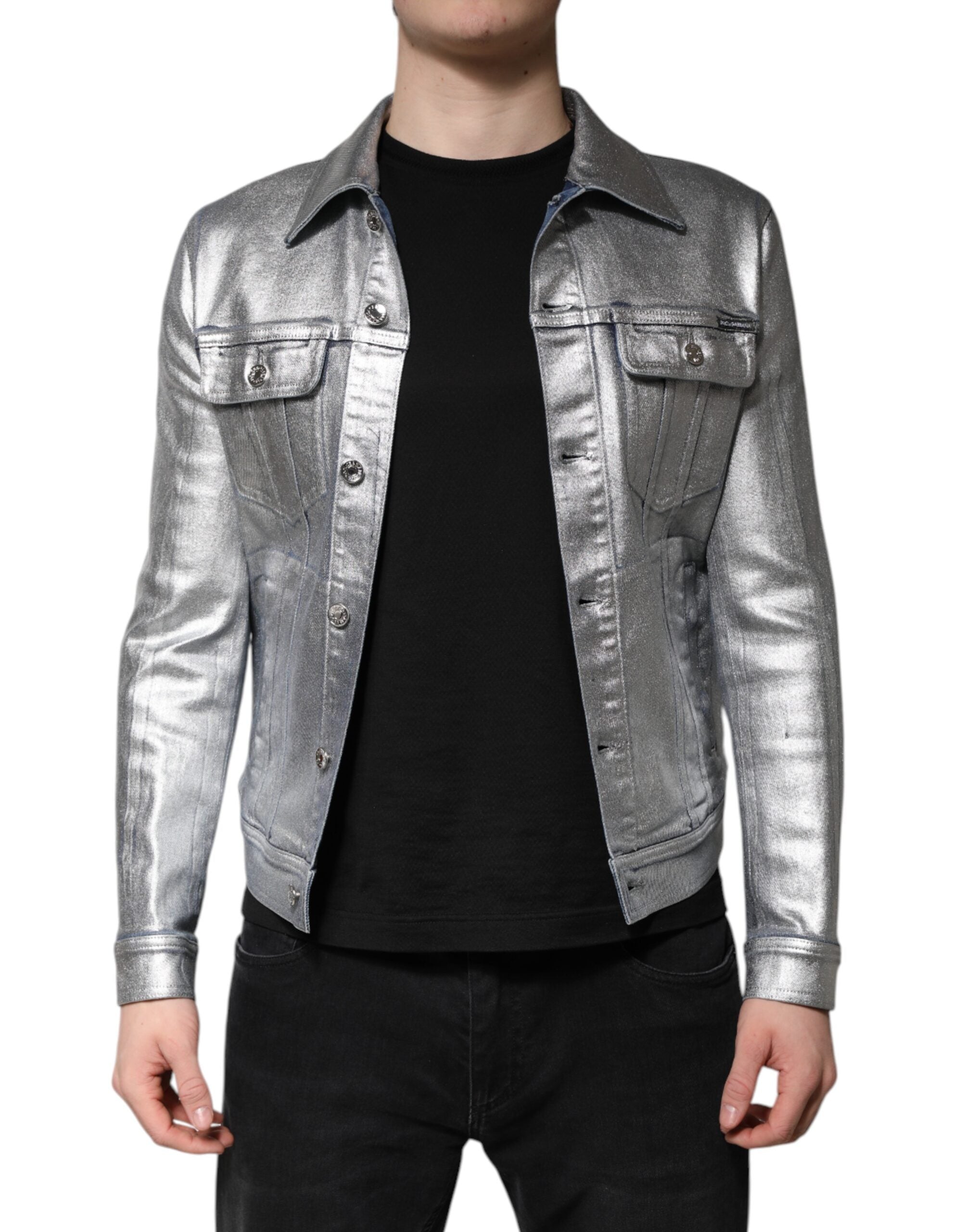 Dolce & Gabbana Silver Cotton Button Down Denim Biker Men's Jacket (Pre-Owned)