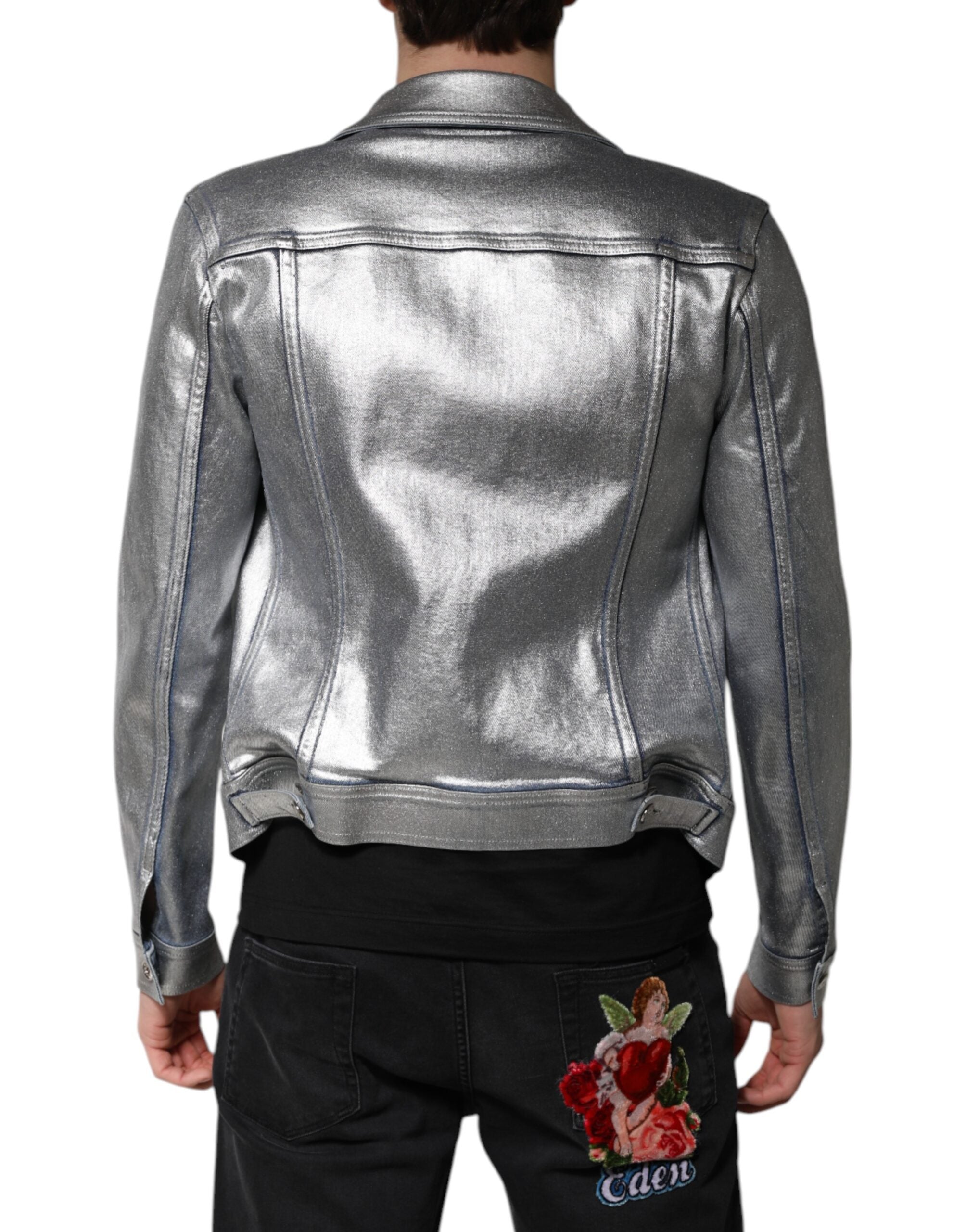 Dolce & Gabbana Silver Cotton Button Down Denim Biker Men's Jacket (Pre-Owned)