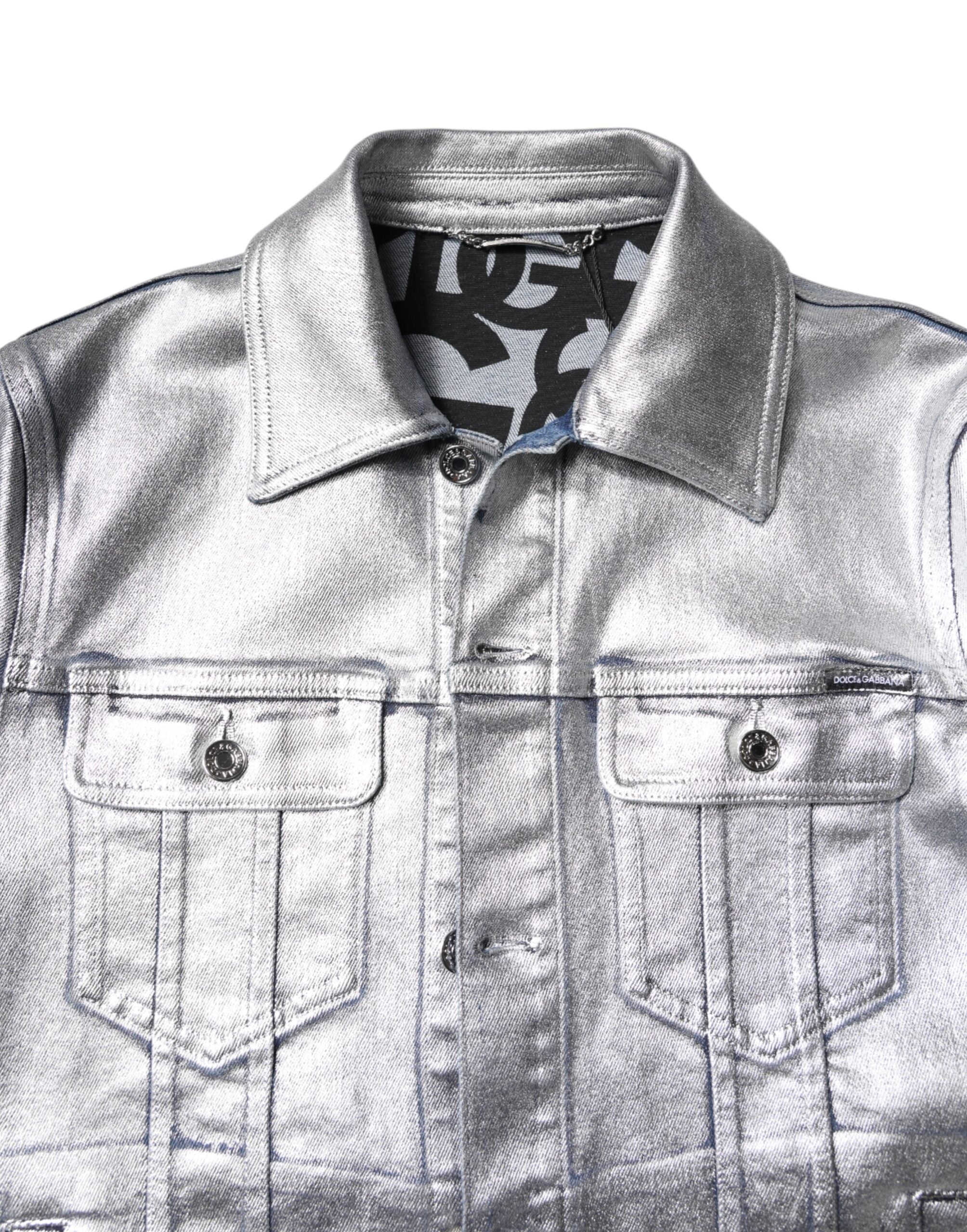 Dolce & Gabbana Silver Cotton Button Down Denim Biker Men's Jacket (Pre-Owned)