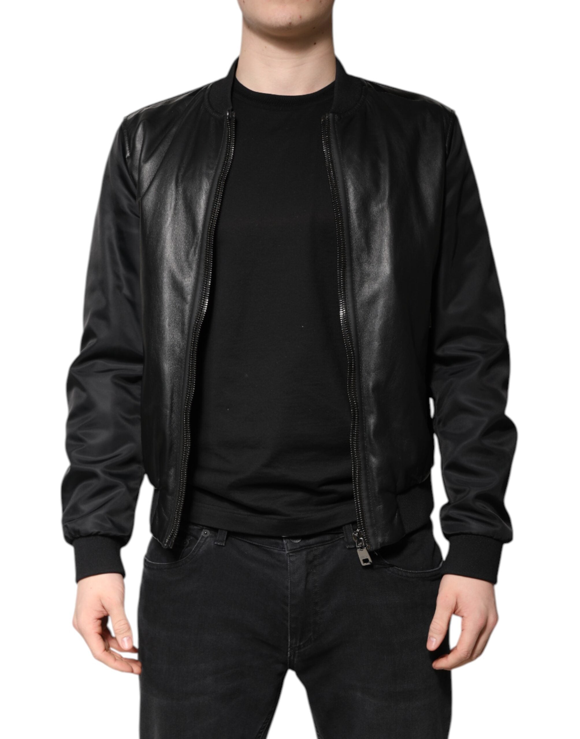 Dolce & Gabbana Black Lambskin Leather Biker Full Zip Men's Jacket (Pre-Owned)
