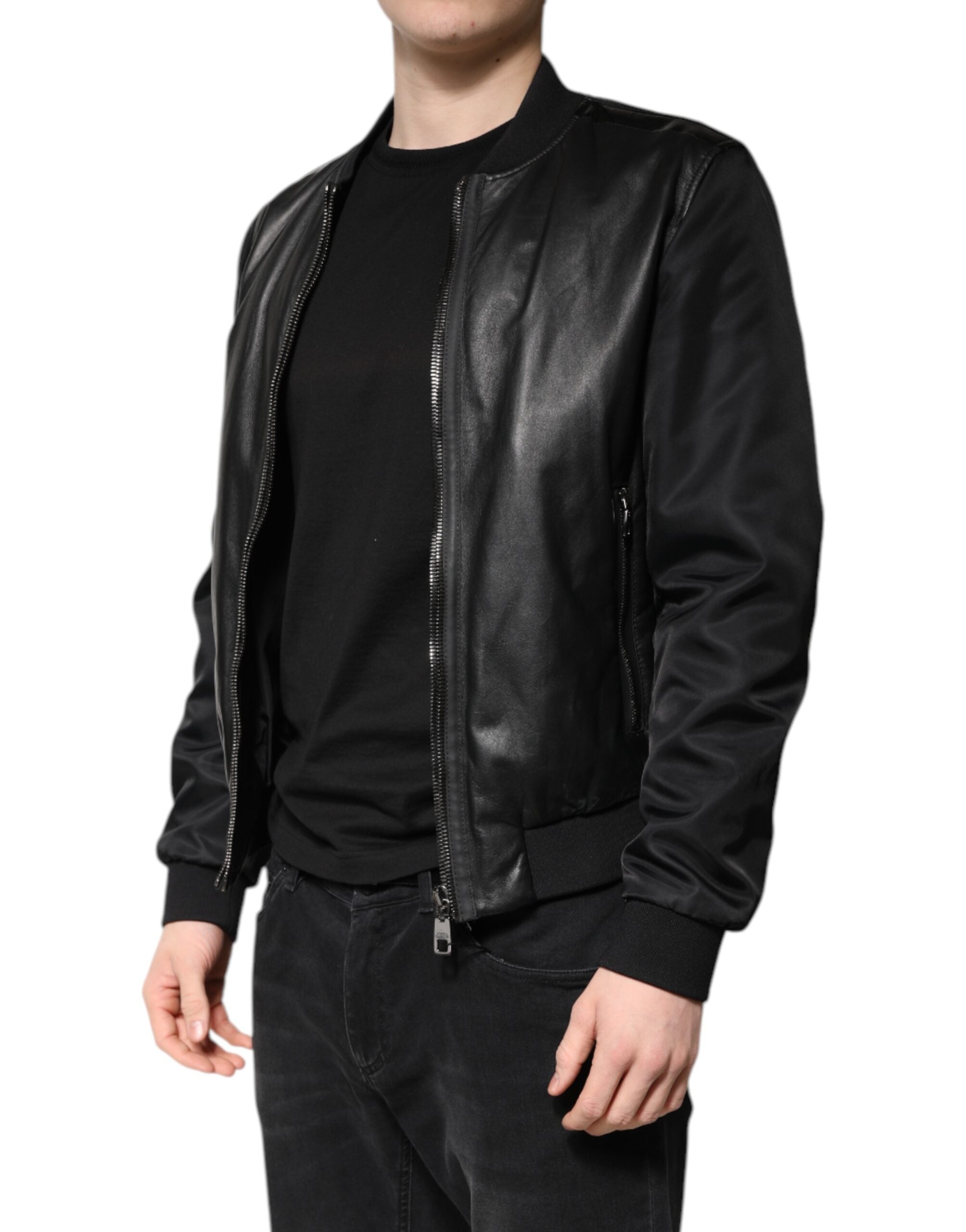 Dolce & Gabbana Black Lambskin Leather Biker Full Zip Men's Jacket (Pre-Owned)