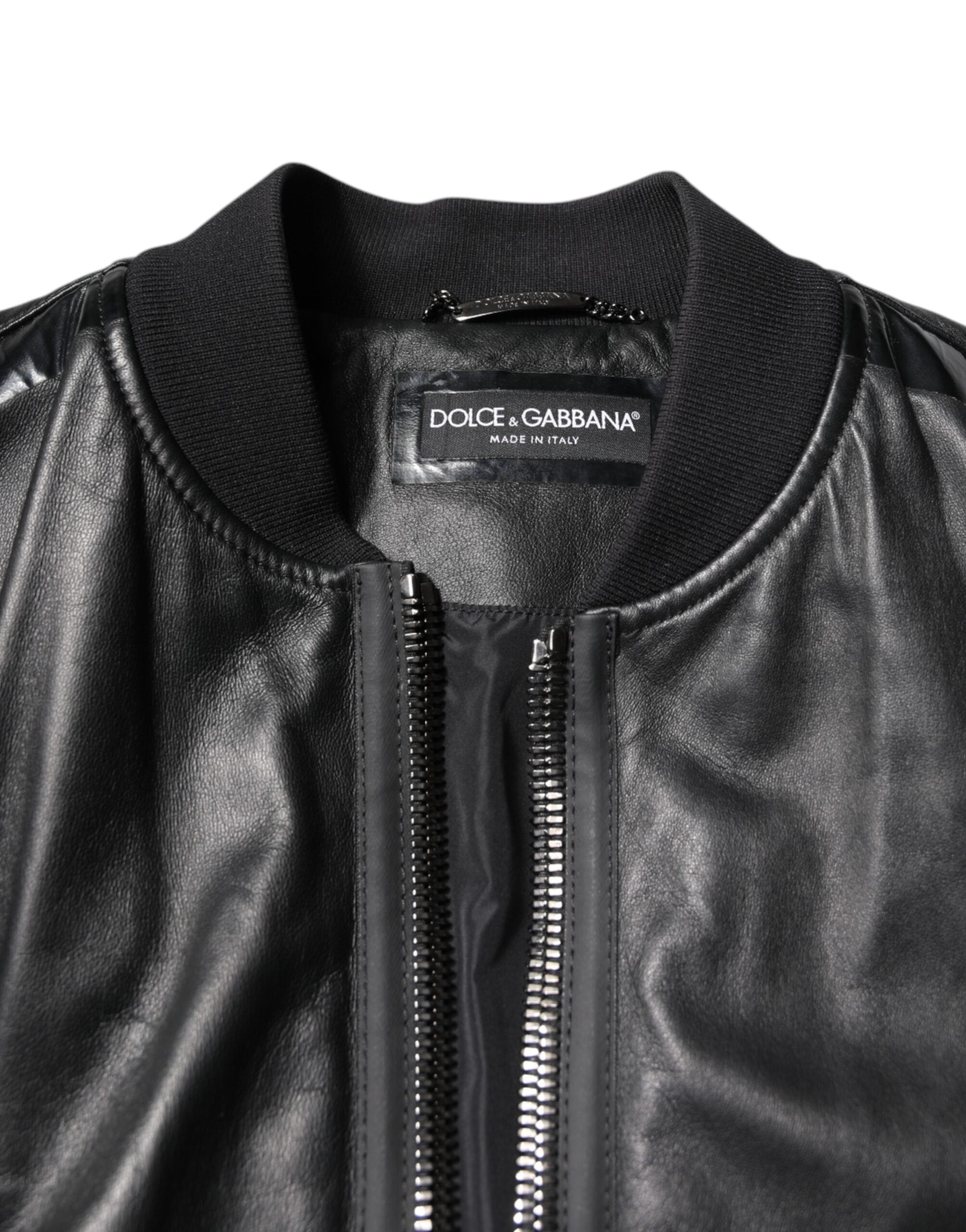 Dolce & Gabbana Black Lambskin Leather Biker Full Zip Men's Jacket (Pre-Owned)