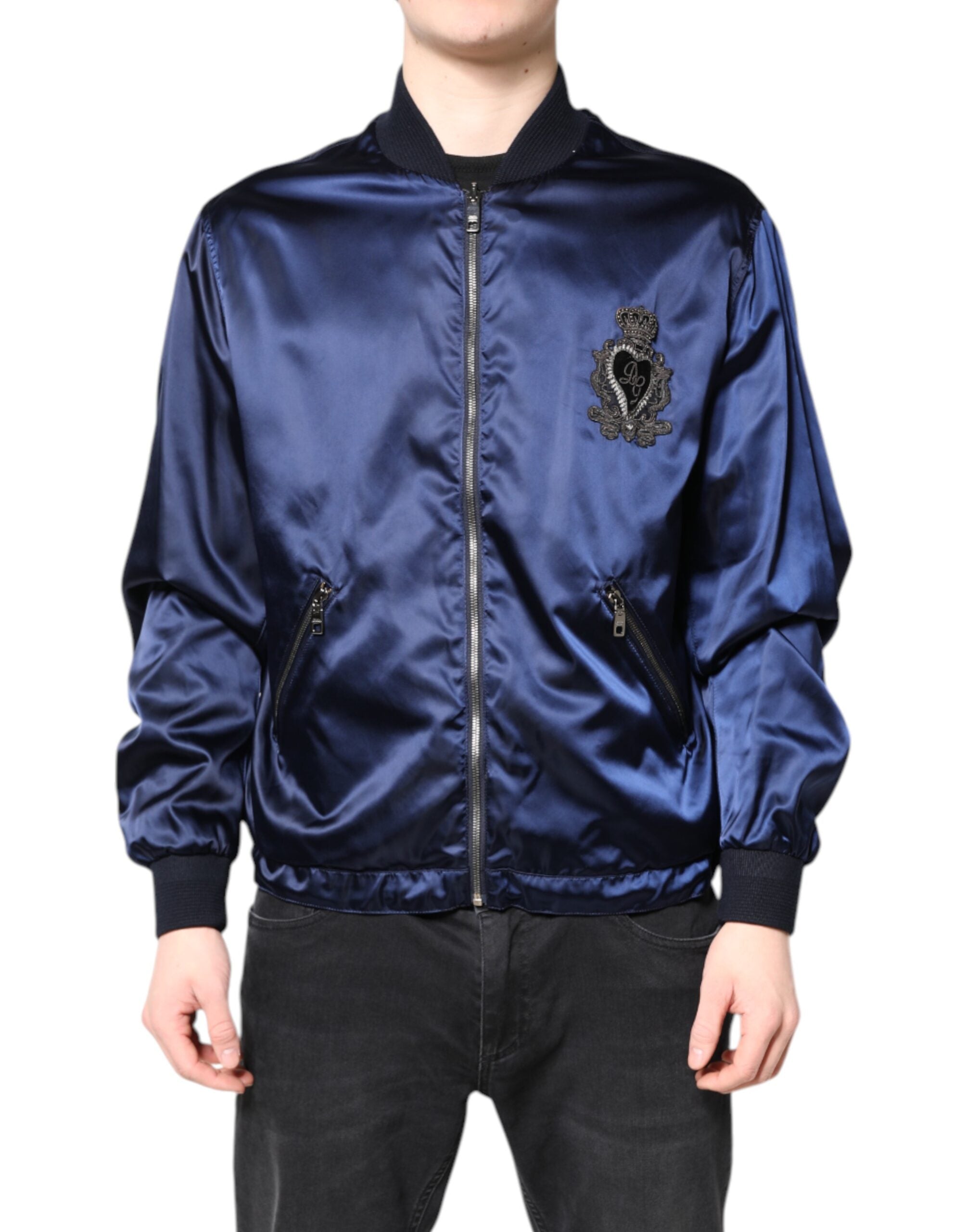 Dolce & Gabbana Blue Nylon DG Crown Full Zip Bomber Men's Jacket