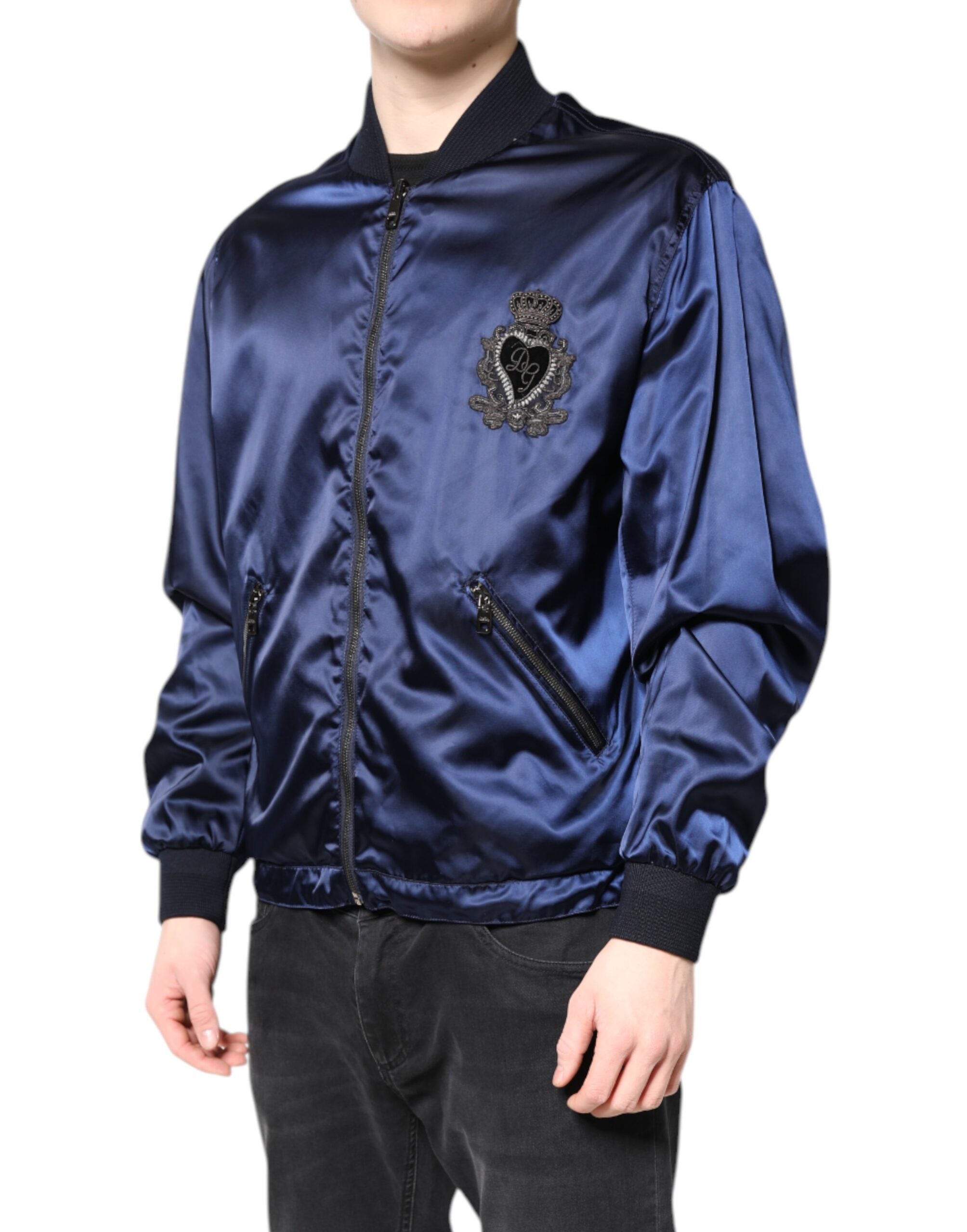 Dolce & Gabbana Blue Nylon DG Crown Full Zip Bomber Men's Jacket